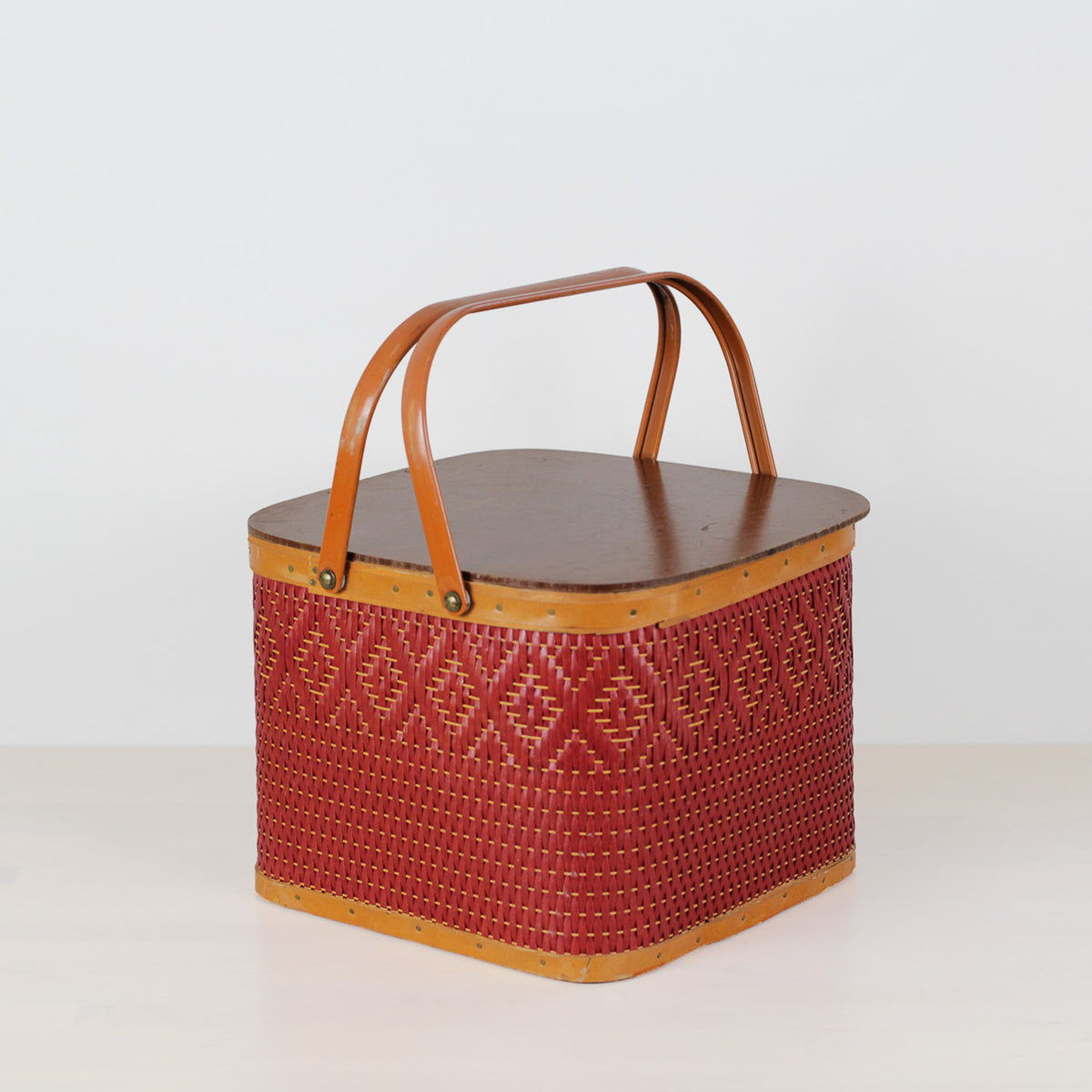 Vintage Mid-Century Red Woven Picnic Basket