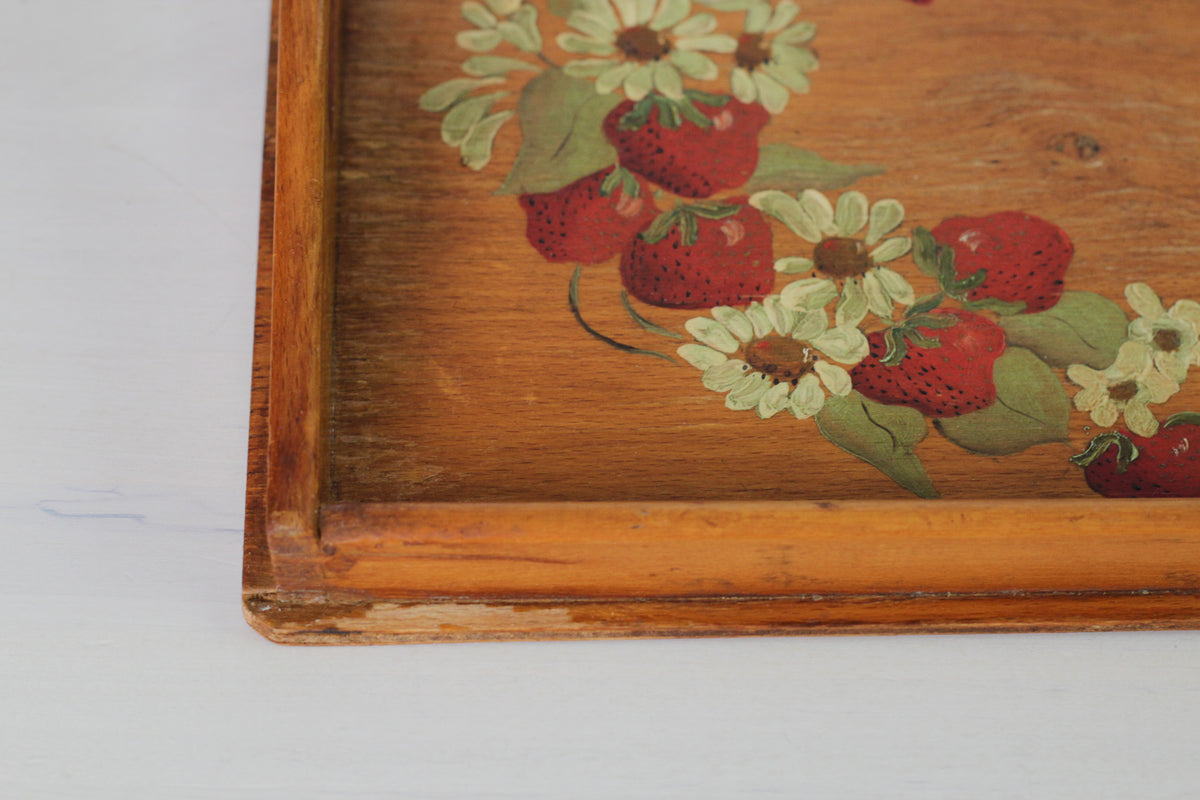Vintage 1974 Hand-Painted Strawberry Wooden Tray