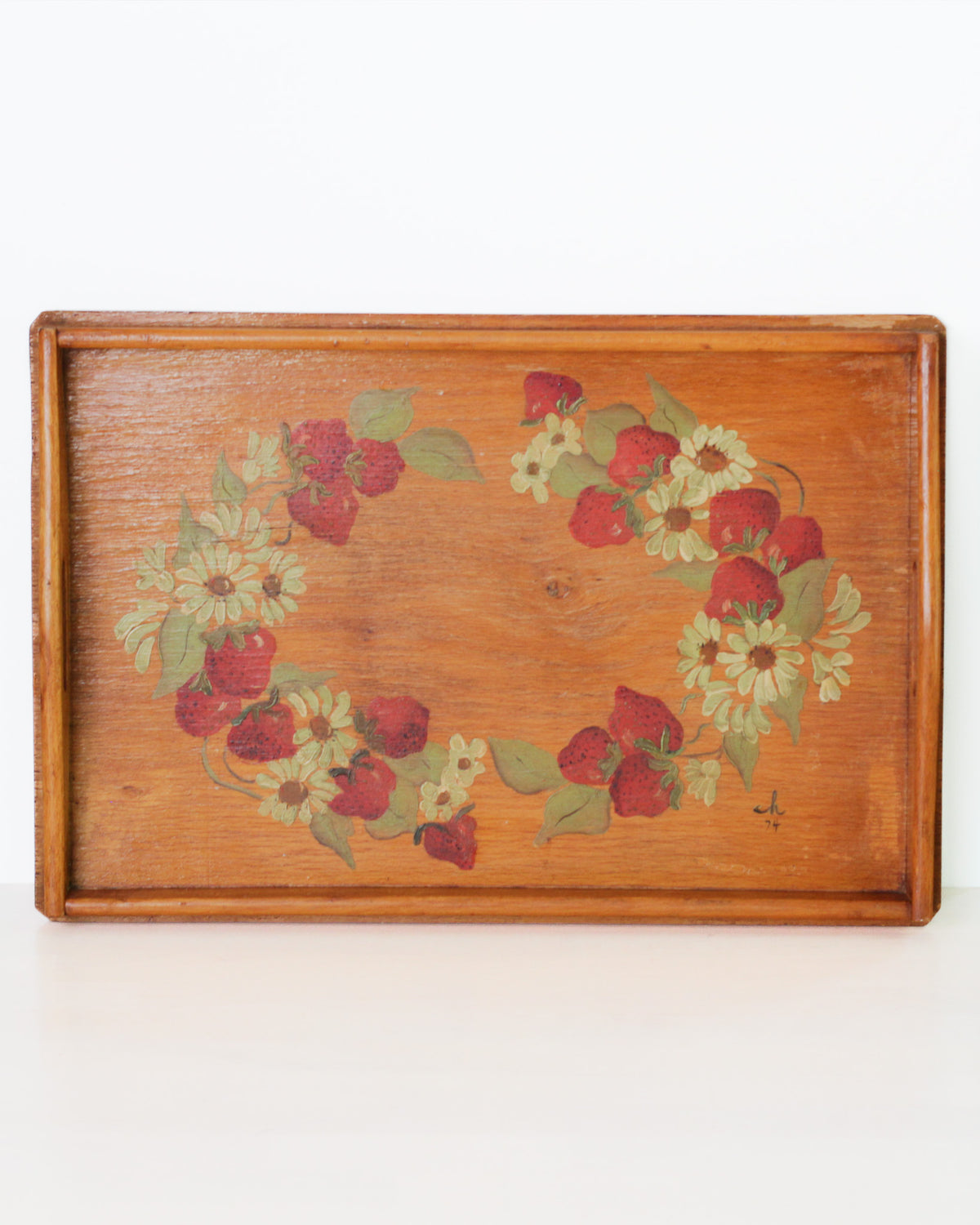 Vintage 1974 Hand-Painted Strawberry Wooden Tray