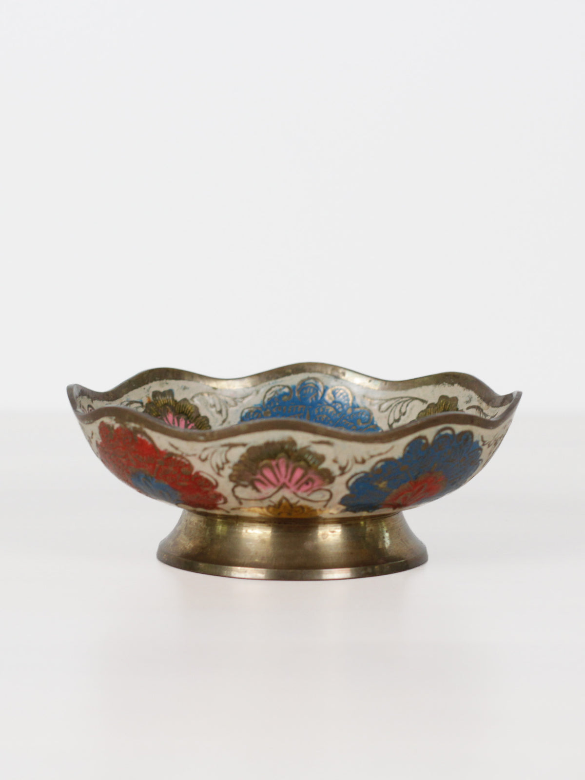 Vintage Enameled Brass Pedestal Bowl with Hand Painted Florals