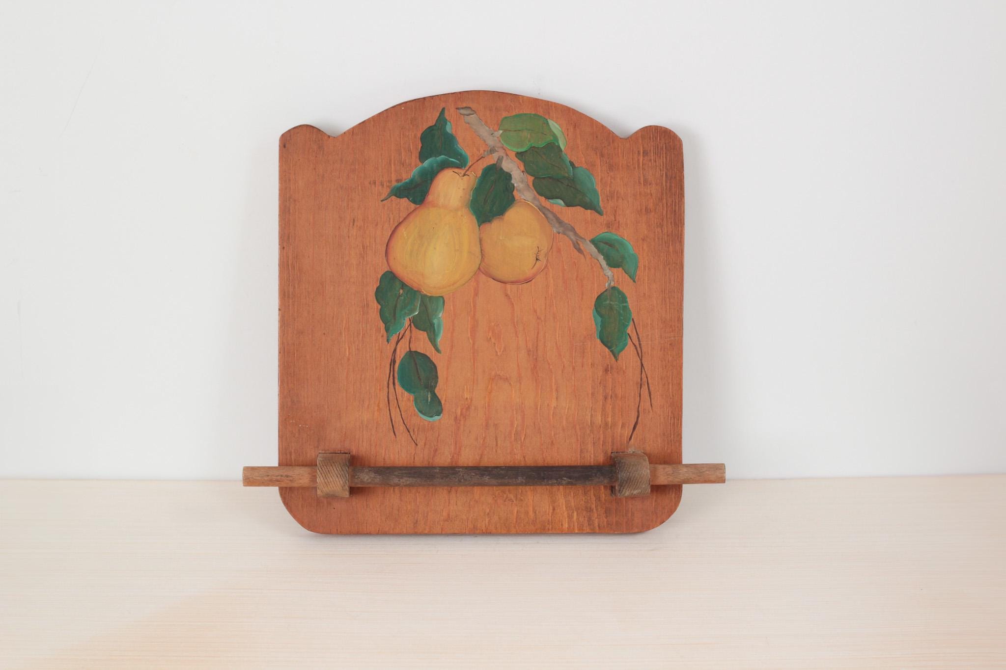 Vintage Wood Kitchen Towel Holder with Hand-Painted Pear Motif