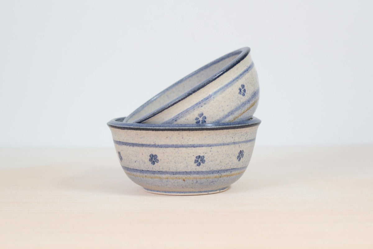 Vintage Blue Floral Studio Pottery Bowls Signed by Artist, Set of 2
