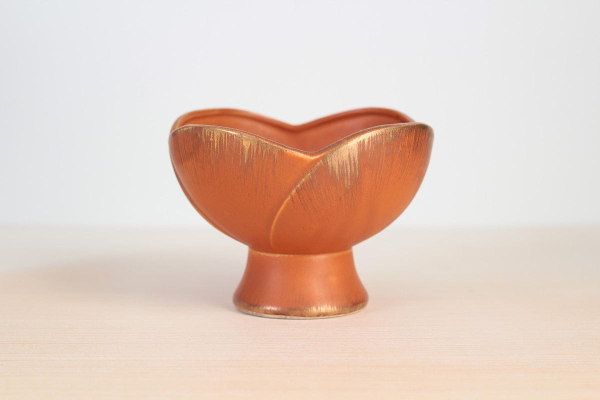 Vintage 1963 Sun Glo Ceramic Pedestal Bowl by INARCO, Burnt Orange & Gold, Mid-Century Modern