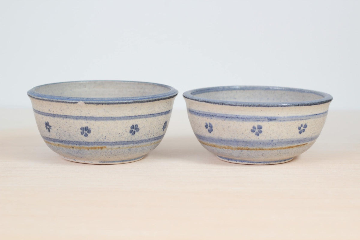 Vintage Blue Floral Studio Pottery Bowls Signed by Artist, Set of 2