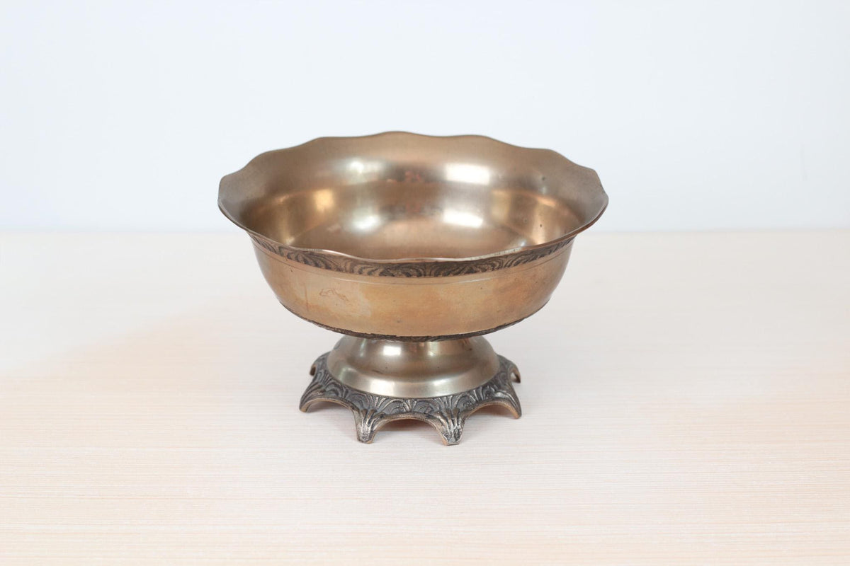 Vintage Solid Brass Pedestal Bowl with Scalloped Rim