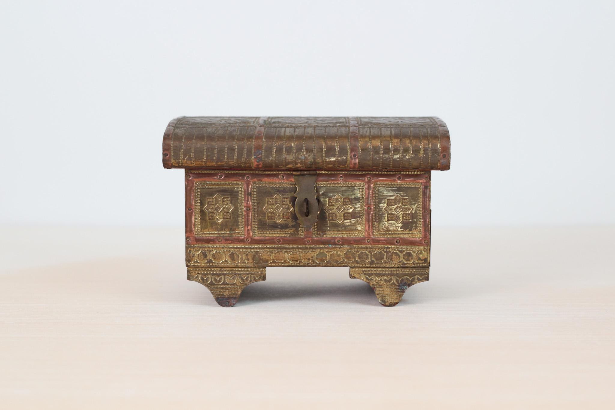 Vintage 1940s Indian Brass and Wood Jewelry Casket Box with Red Velvet Lining & Mirror