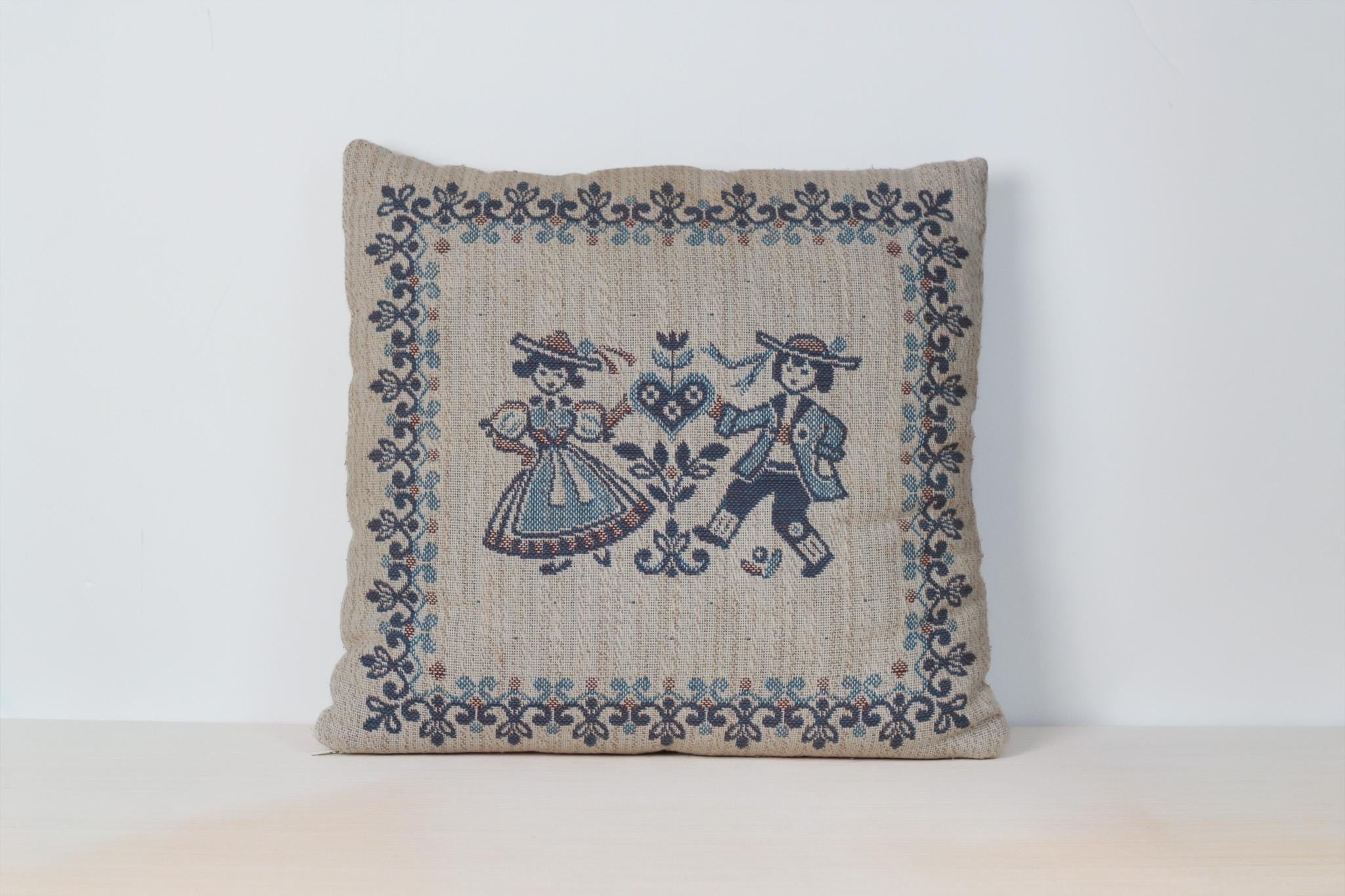 Vintage Austrian Folk Art Tapestry Pillow 15"x15"