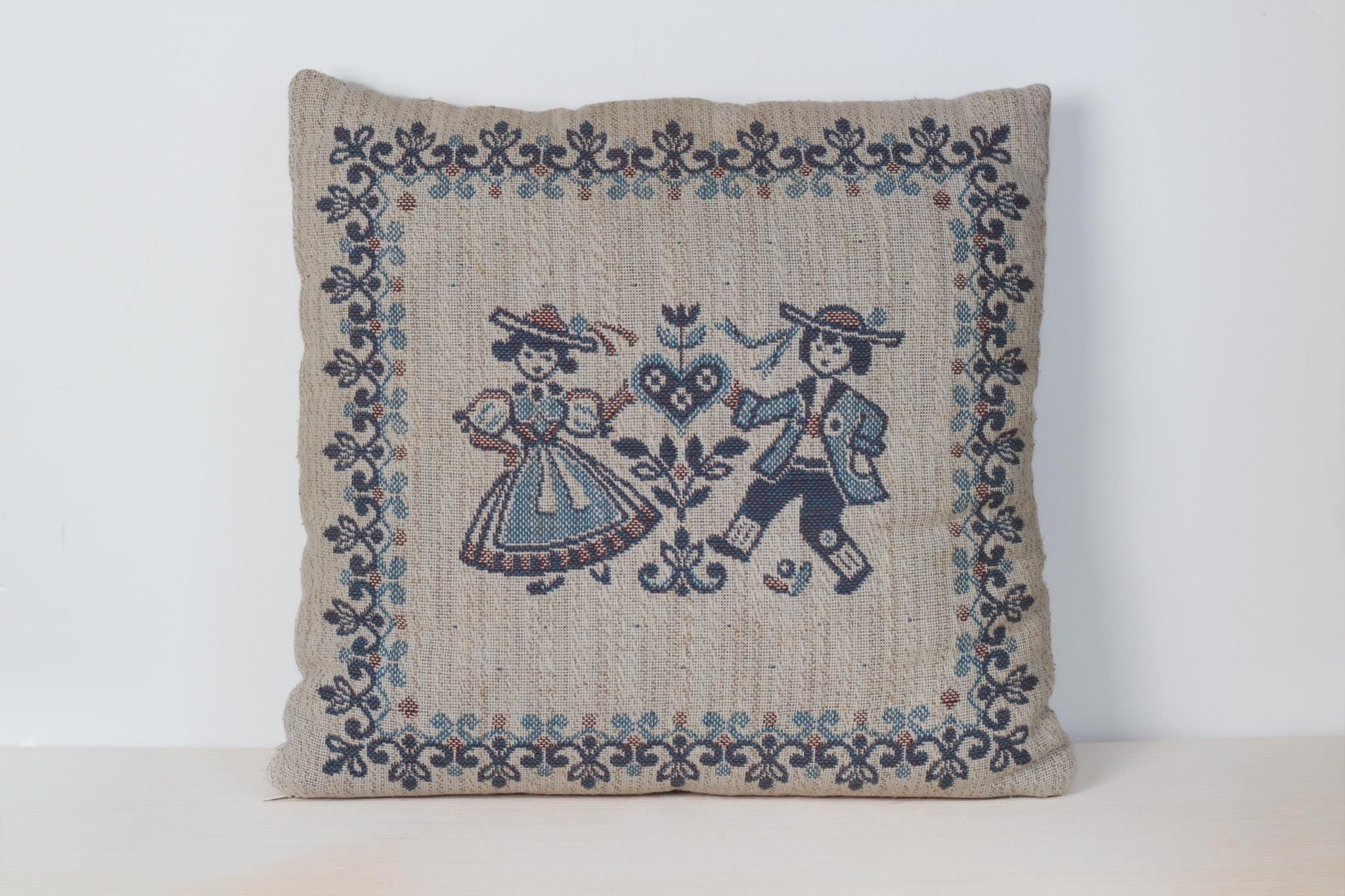 Vintage Austrian Folk Art Tapestry Pillow 15"x15"