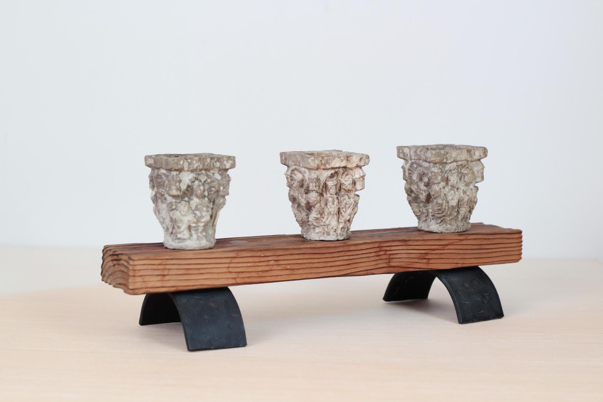 Vintage Rustic Candle Holder with Architectural Capitals, Medieval-Revival Decor