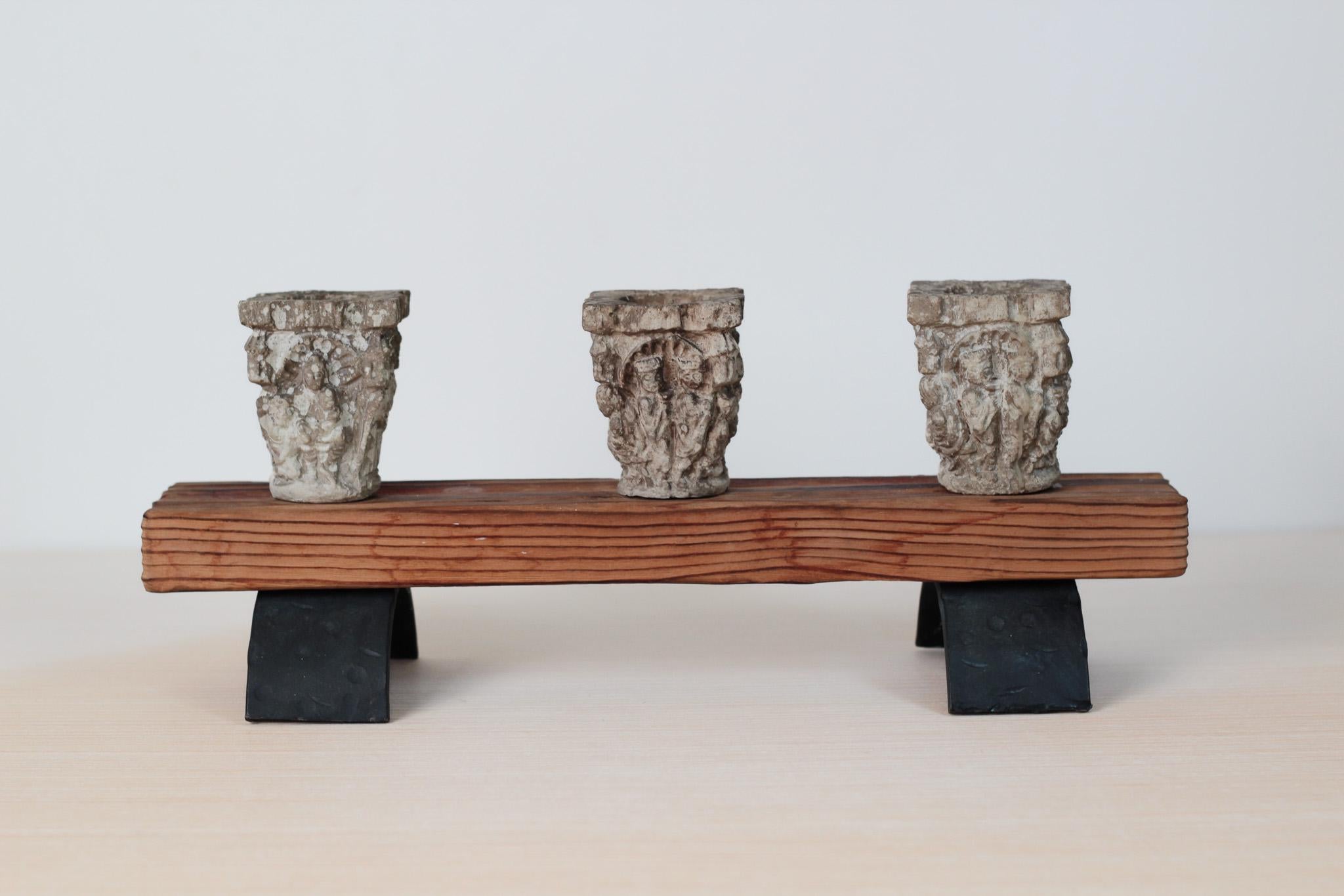Vintage Rustic Candle Holder with Architectural Capitals, Medieval-Revival Decor