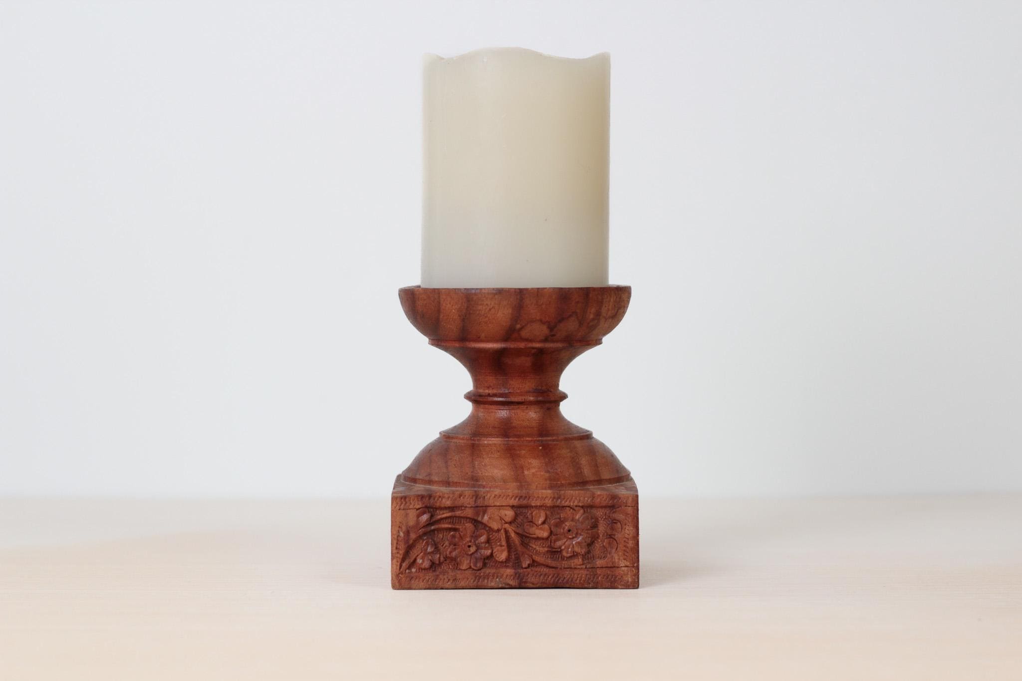 Vintage Hand-Carved Rosewood Pillar Candle Holder, Made in India