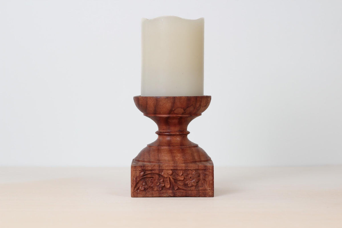 Vintage Hand-Carved Rosewood Pillar Candle Holder, Made in India