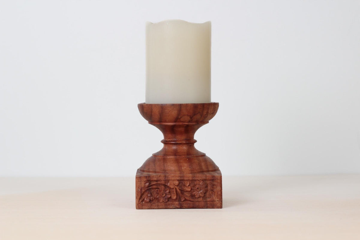 Vintage Hand-Carved Rosewood Pillar Candle Holder, Made in India