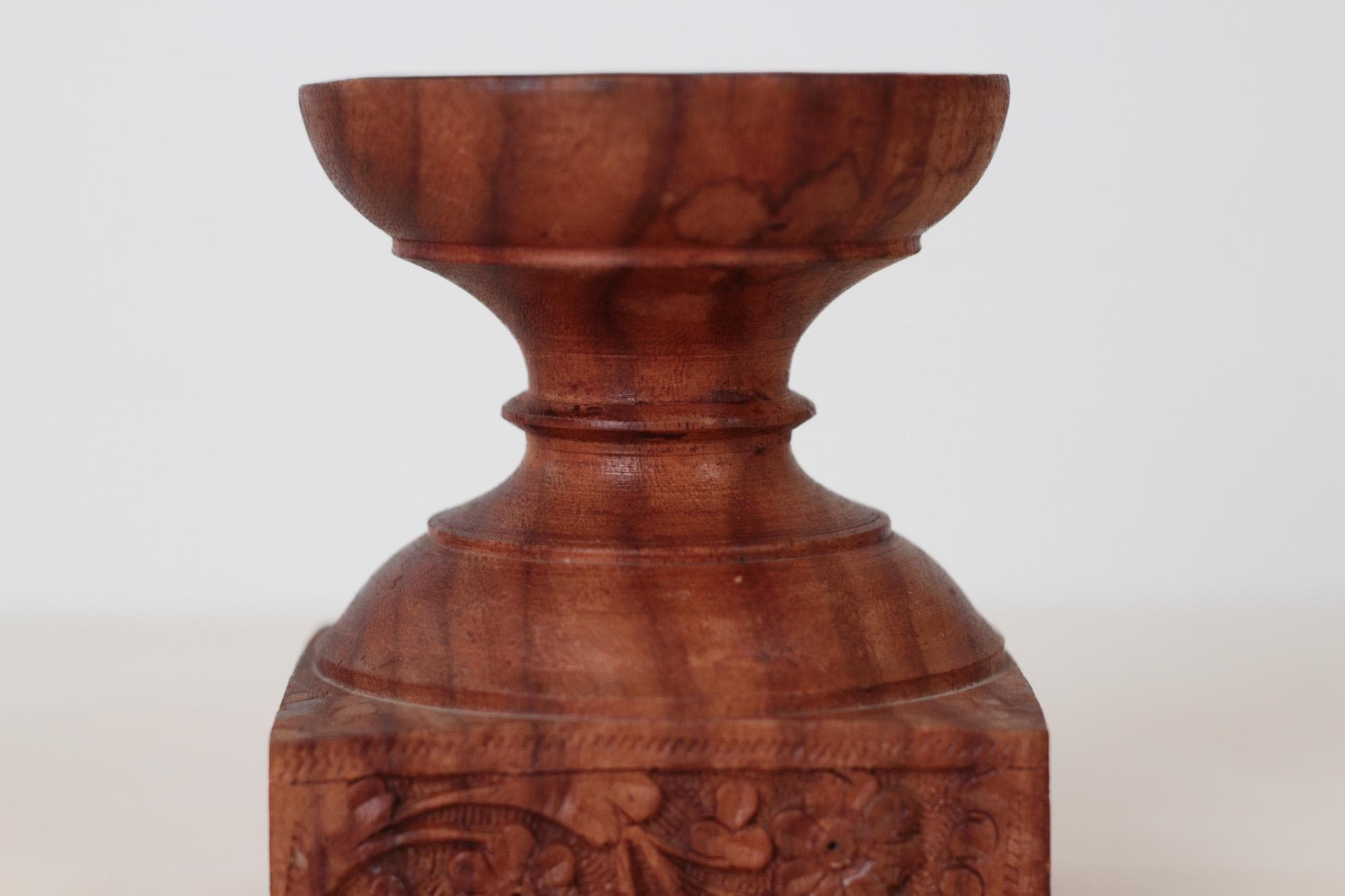 Vintage Hand-Carved Rosewood Pillar Candle Holder, Made in India