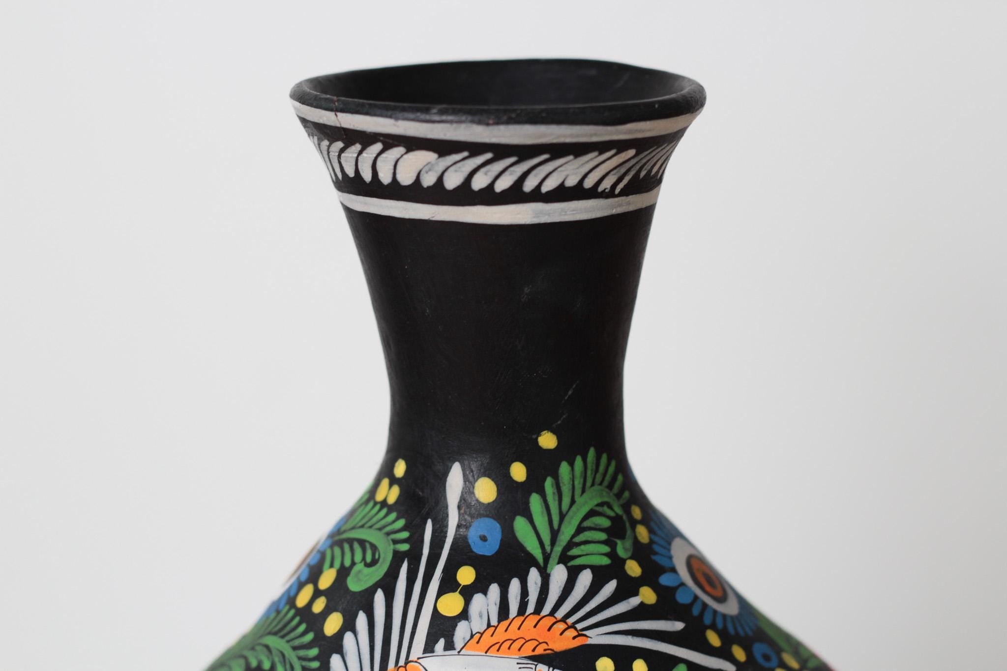 Vintage Large Hand-Painted Mexican Ceramic Vase with Bird and Floral Motifs