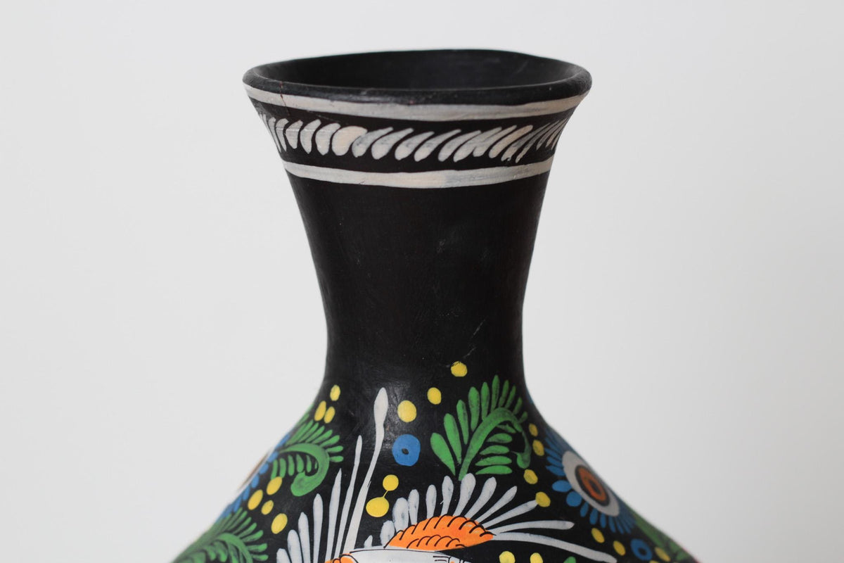 Vintage Large Hand-Painted Mexican Ceramic Vase with Bird and Floral Motifs