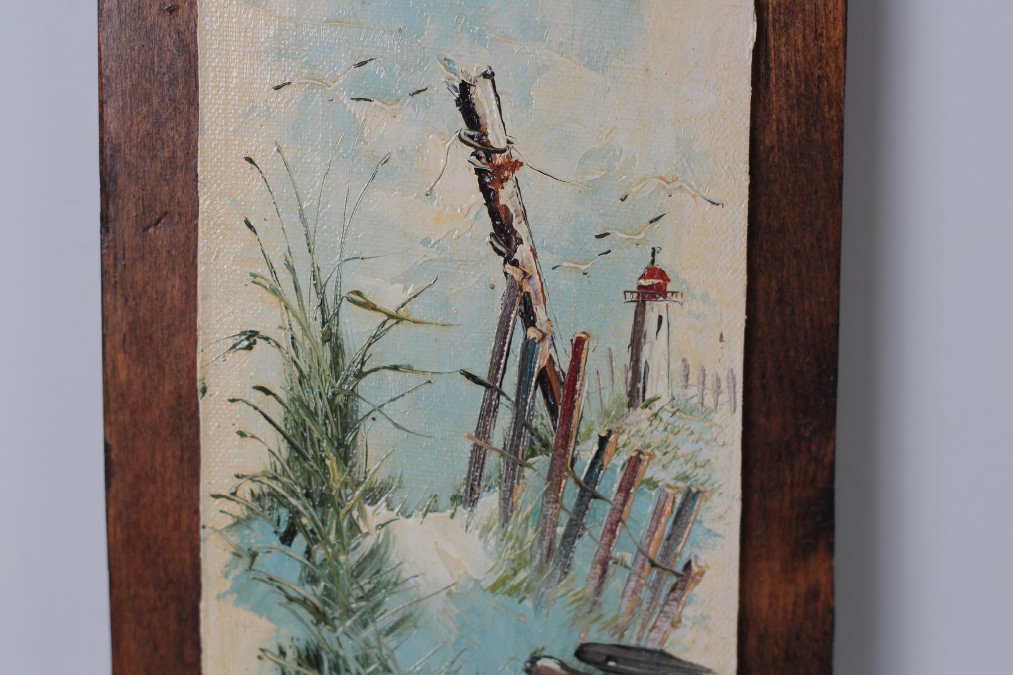 Vintage Coastal Seascape Painting on Wood, Signed by Artist
