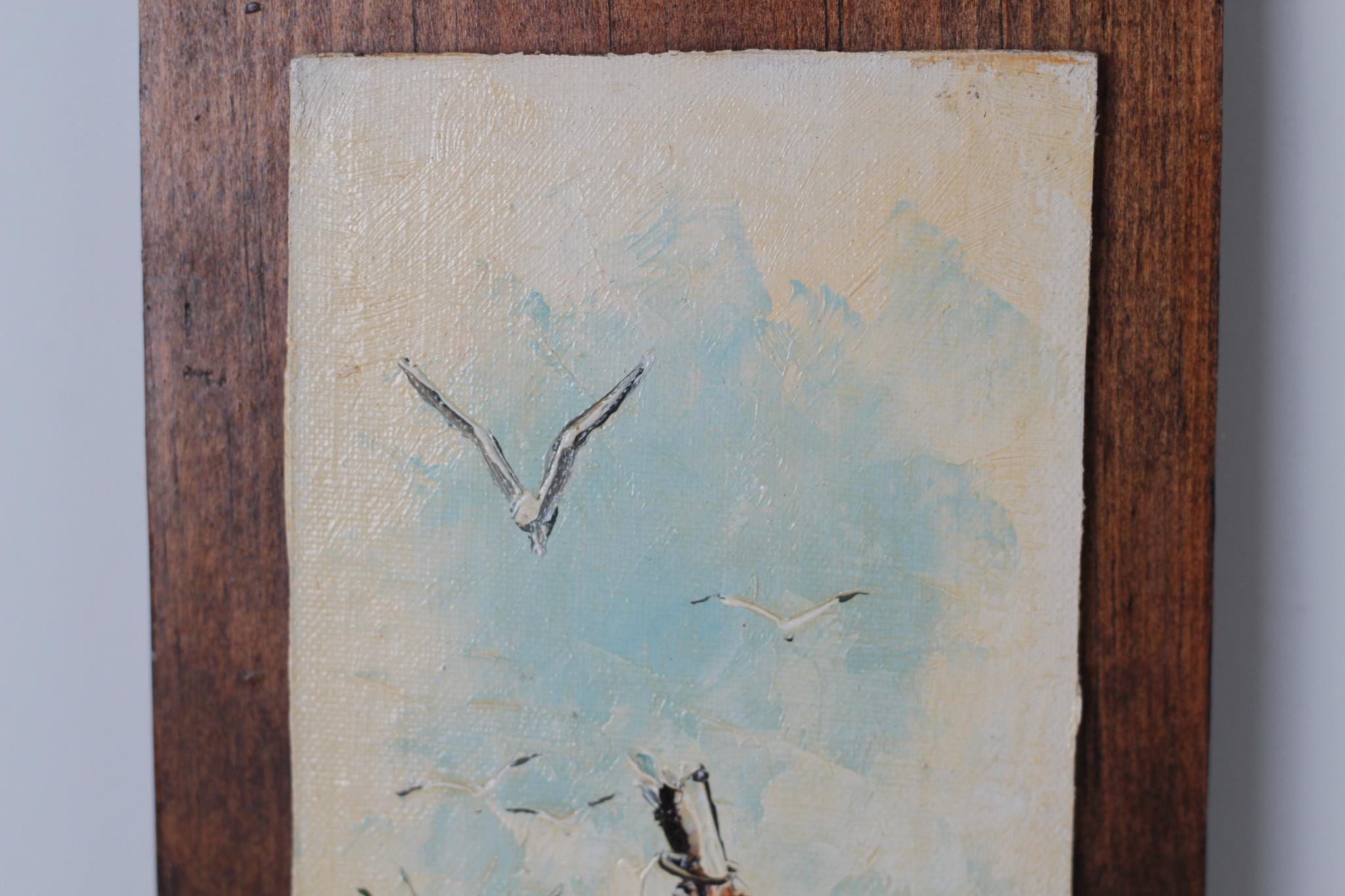 Vintage Coastal Seascape Painting on Wood, Signed by Artist