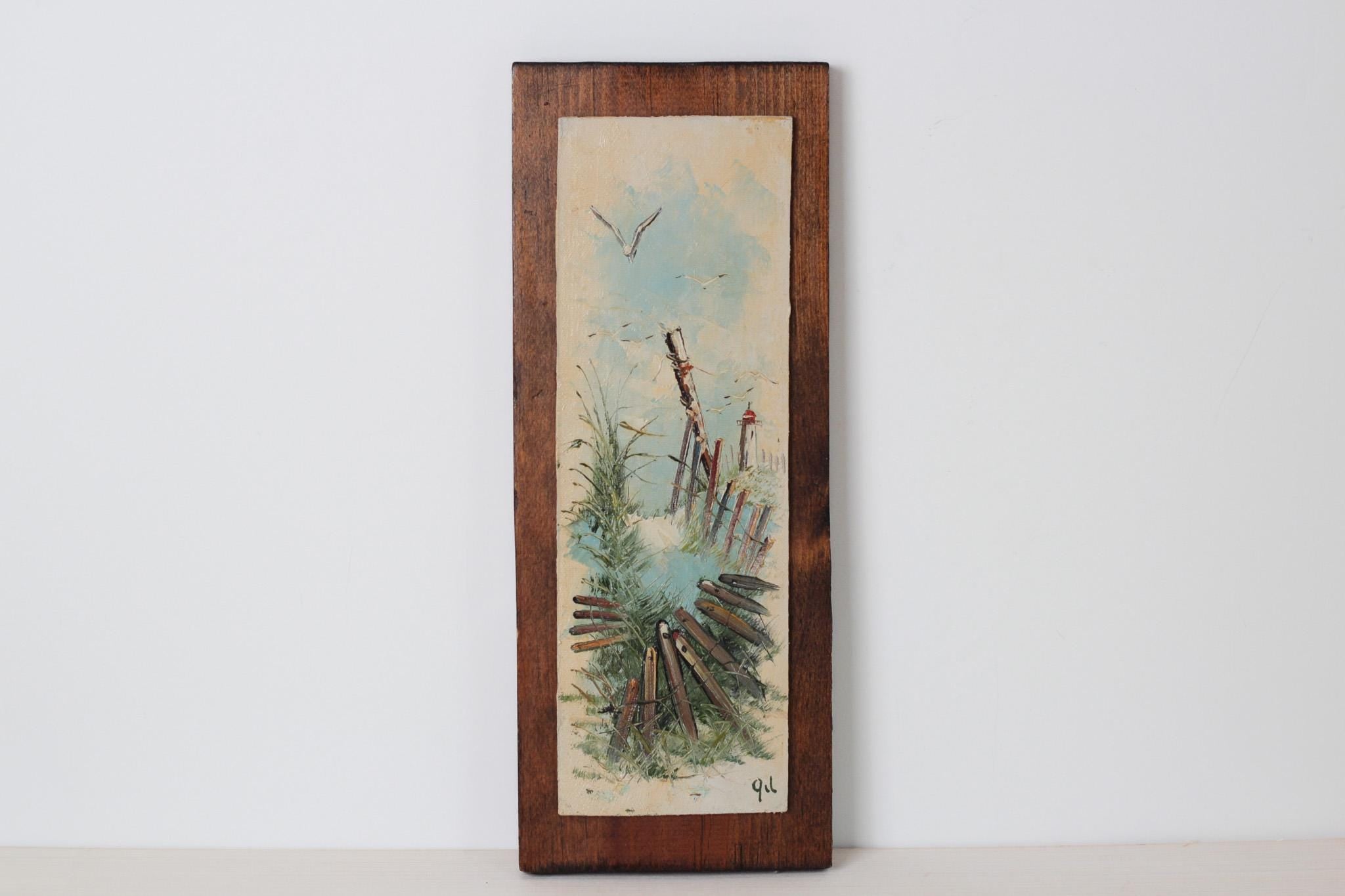 Vintage Coastal Seascape Painting on Wood, Signed by Artist