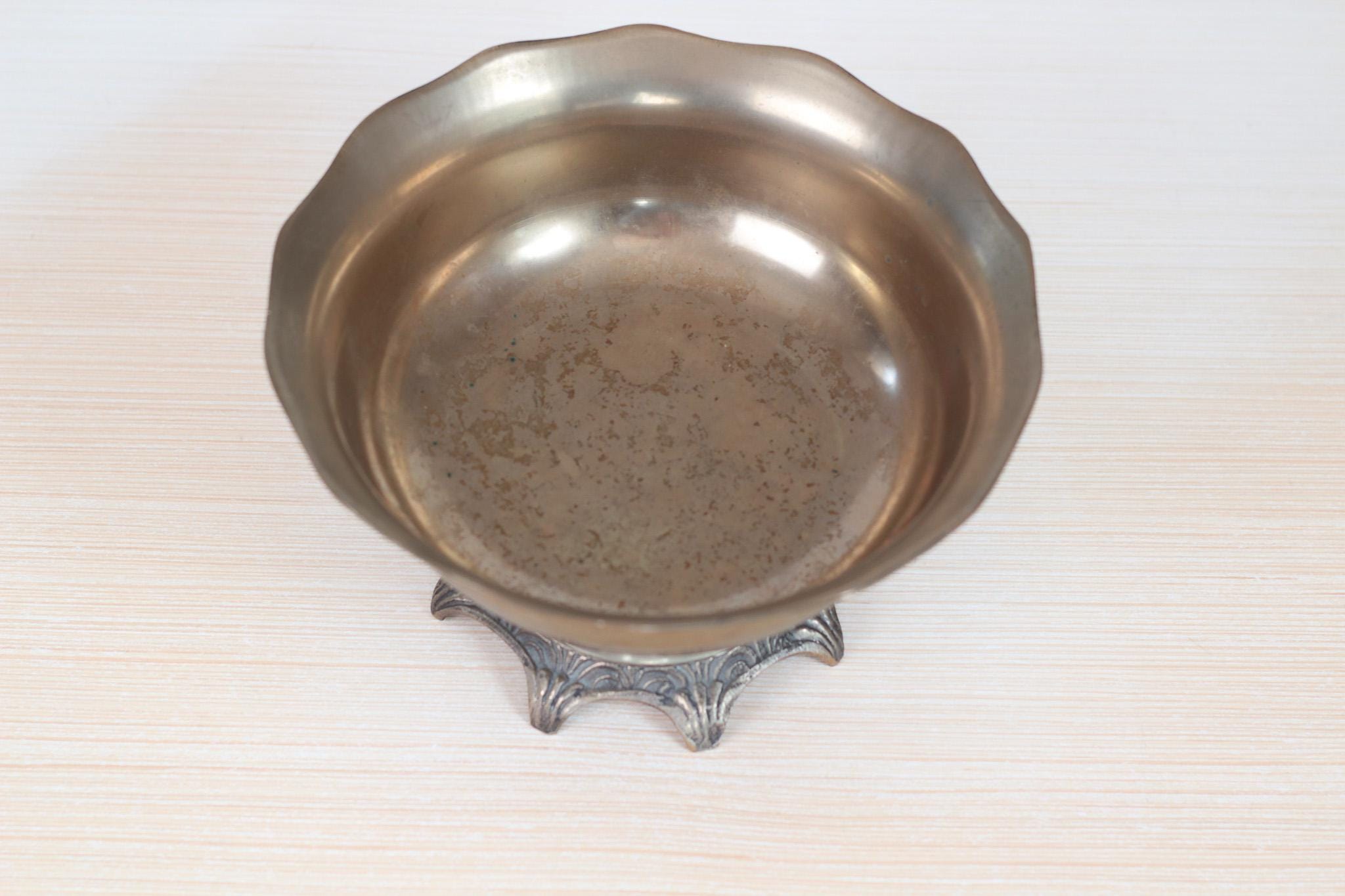 Vintage Solid Brass Pedestal Bowl with Scalloped Rim