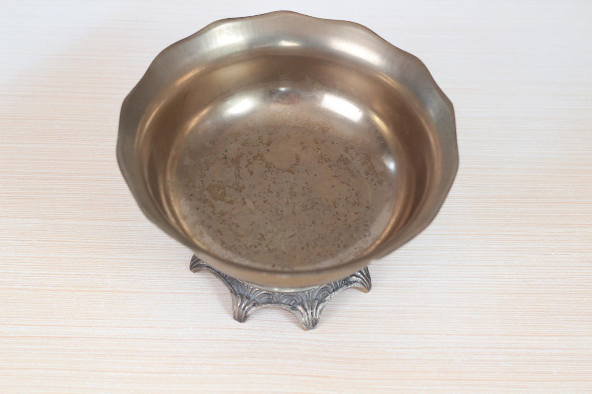Vintage Solid Brass Pedestal Bowl with Scalloped Rim