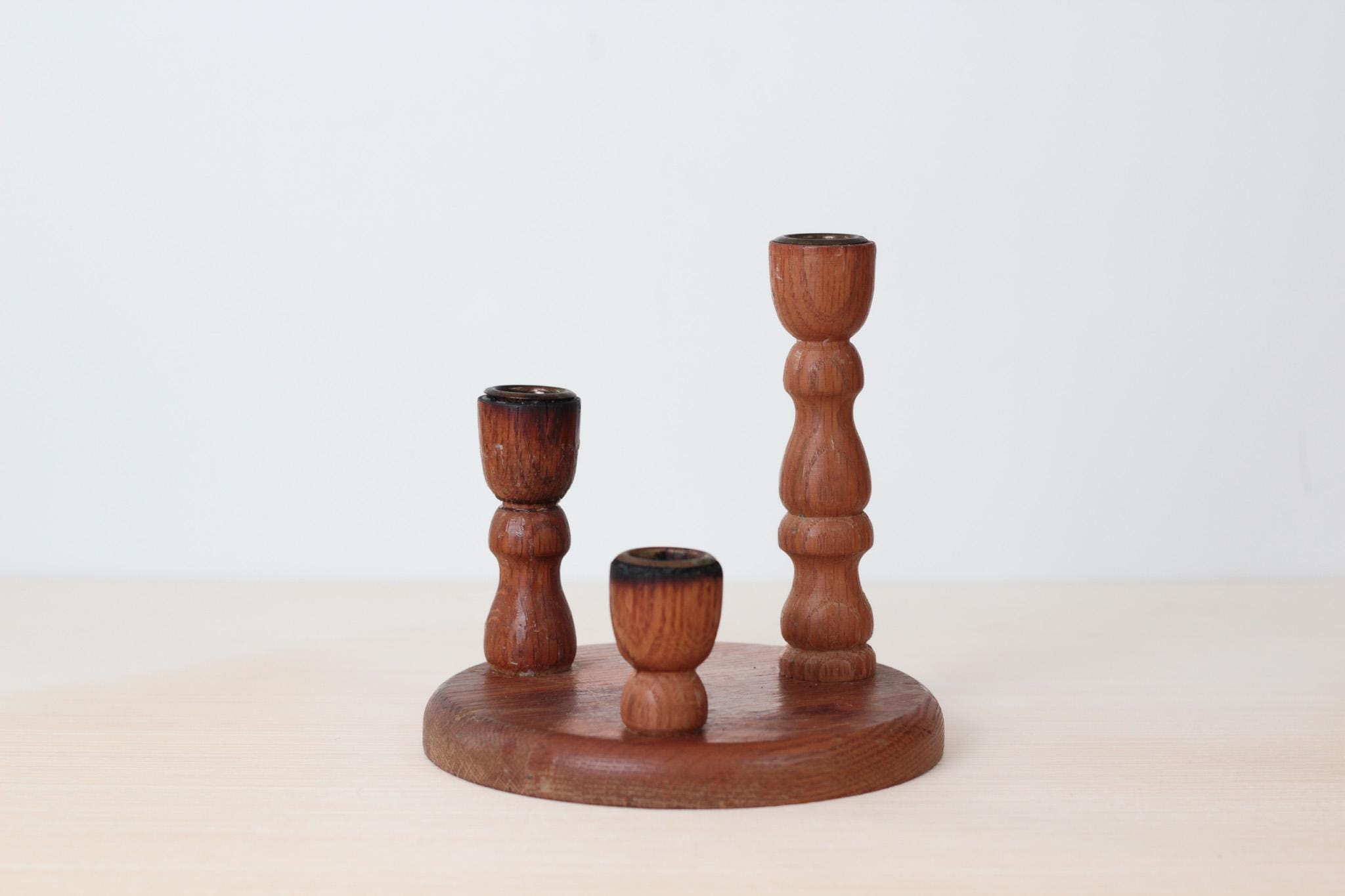 Vintage Wooden Triple Candle Holder Centerpiece with Brass Inserts, Mid-Century Decor