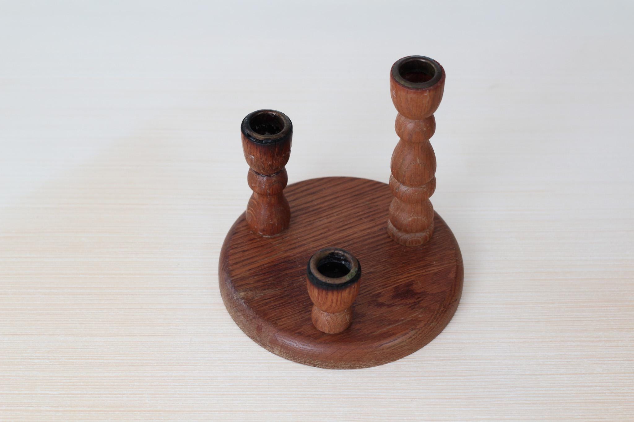 Vintage Wooden Triple Candle Holder Centerpiece with Brass Inserts, Mid-Century Decor