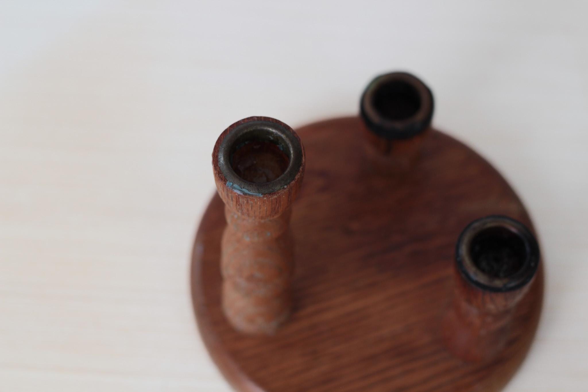 Vintage Wooden Triple Candle Holder Centerpiece with Brass Inserts, Mid-Century Decor
