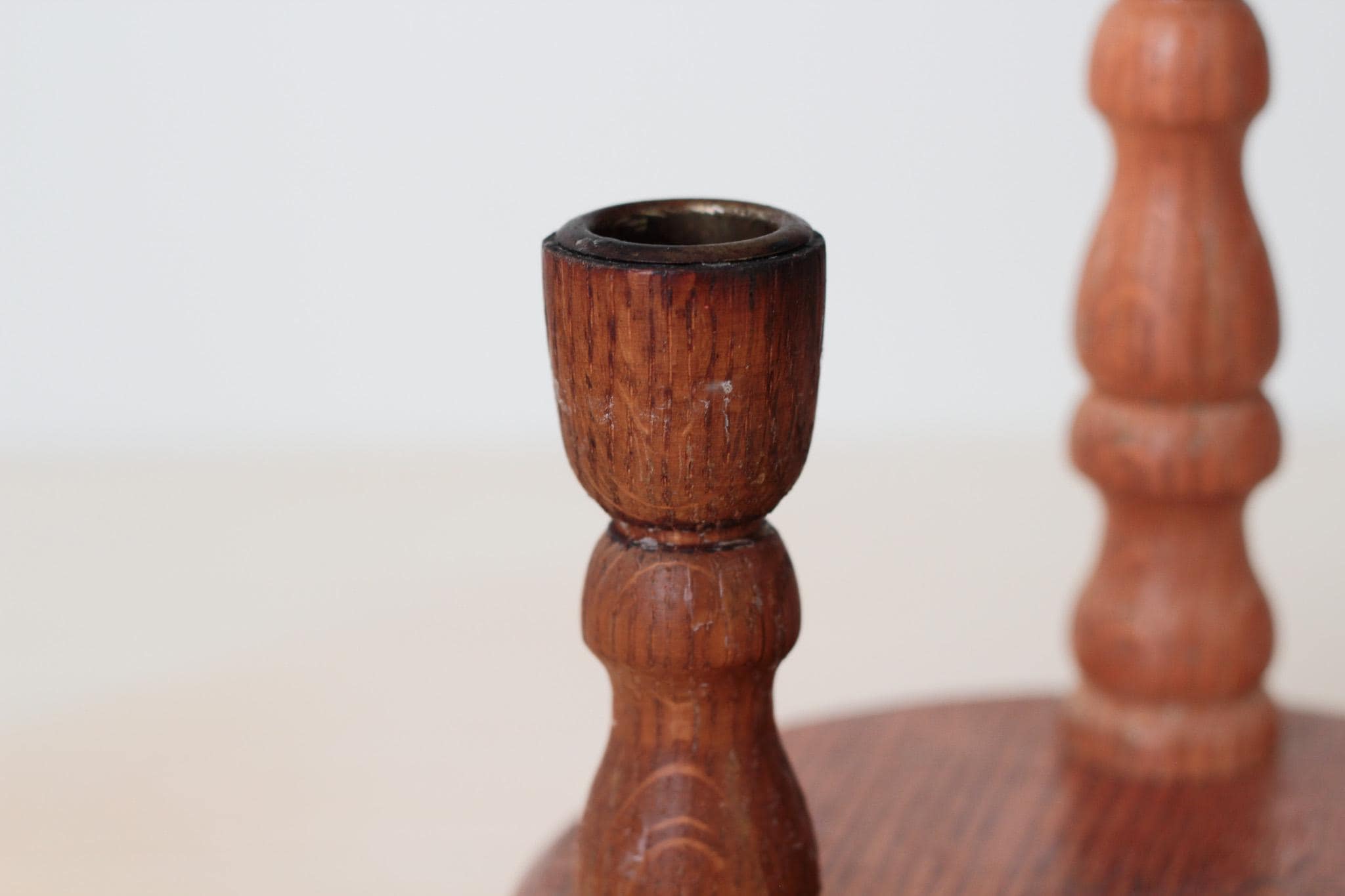 Vintage Wooden Triple Candle Holder Centerpiece with Brass Inserts, Mid-Century Decor