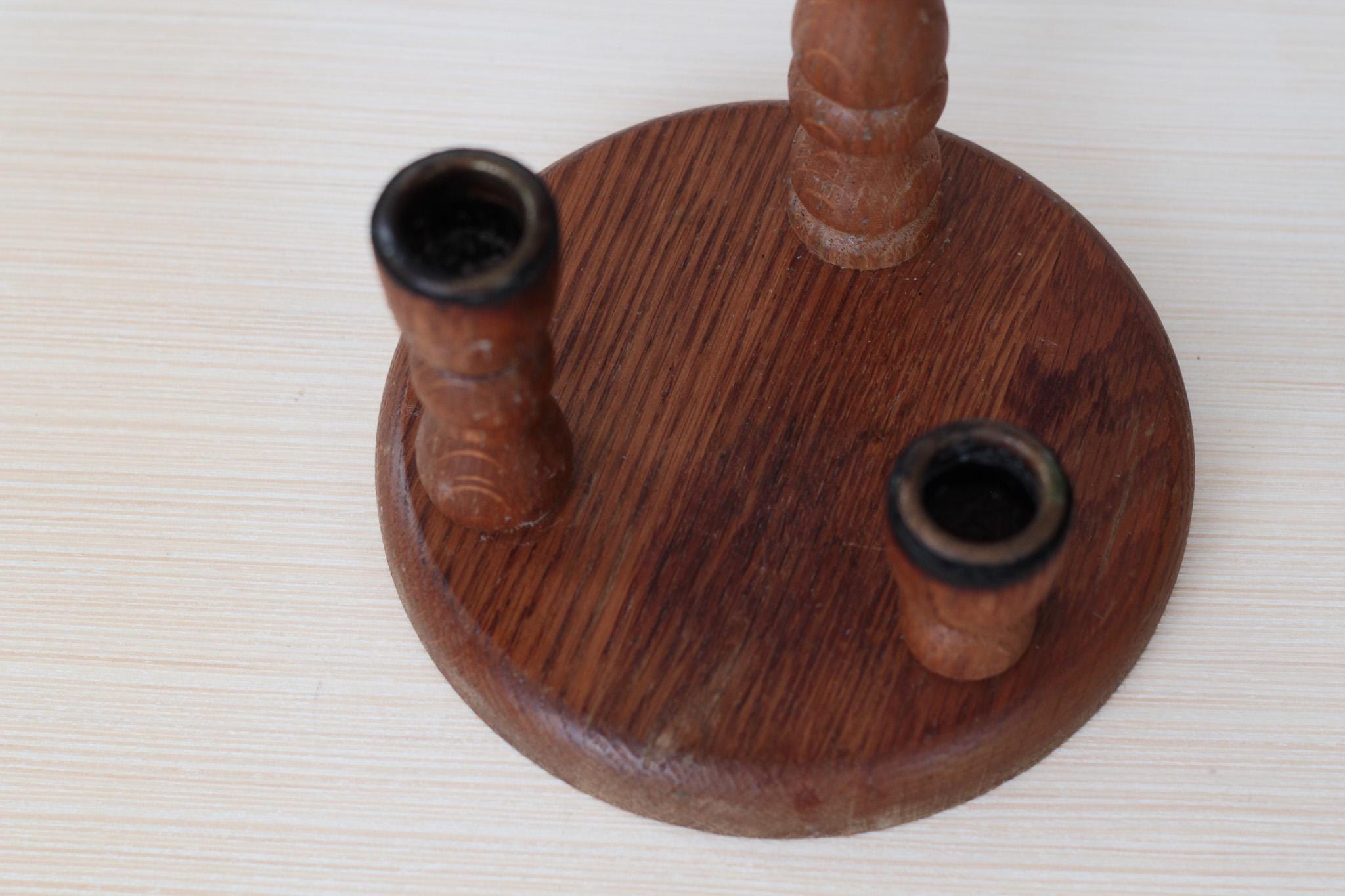 Vintage Wooden Triple Candle Holder Centerpiece with Brass Inserts, Mid-Century Decor