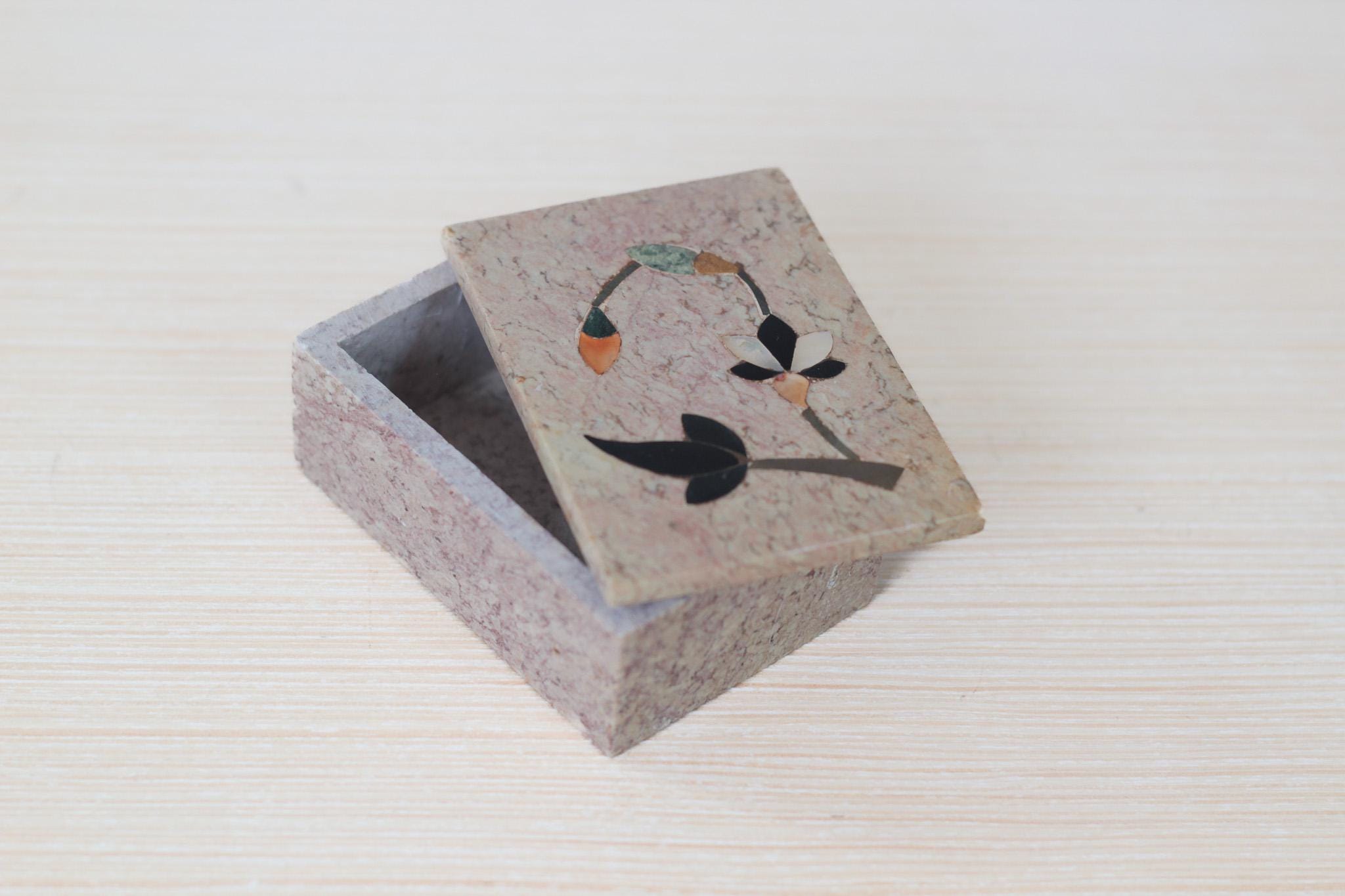 Vintage Floral Inlay Soapstone Lidded Trinket Box, Made in India