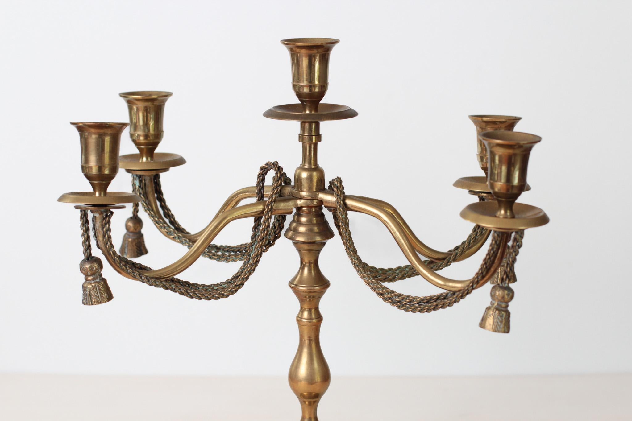 Vintage Brass 5-Arm Candelabra with Rope and Tassel Detail, Tapered-Candle Holder