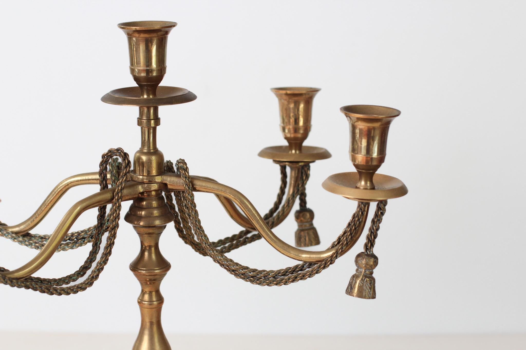 Vintage Brass 5-Arm Candelabra with Rope and Tassel Detail, Tapered-Candle Holder