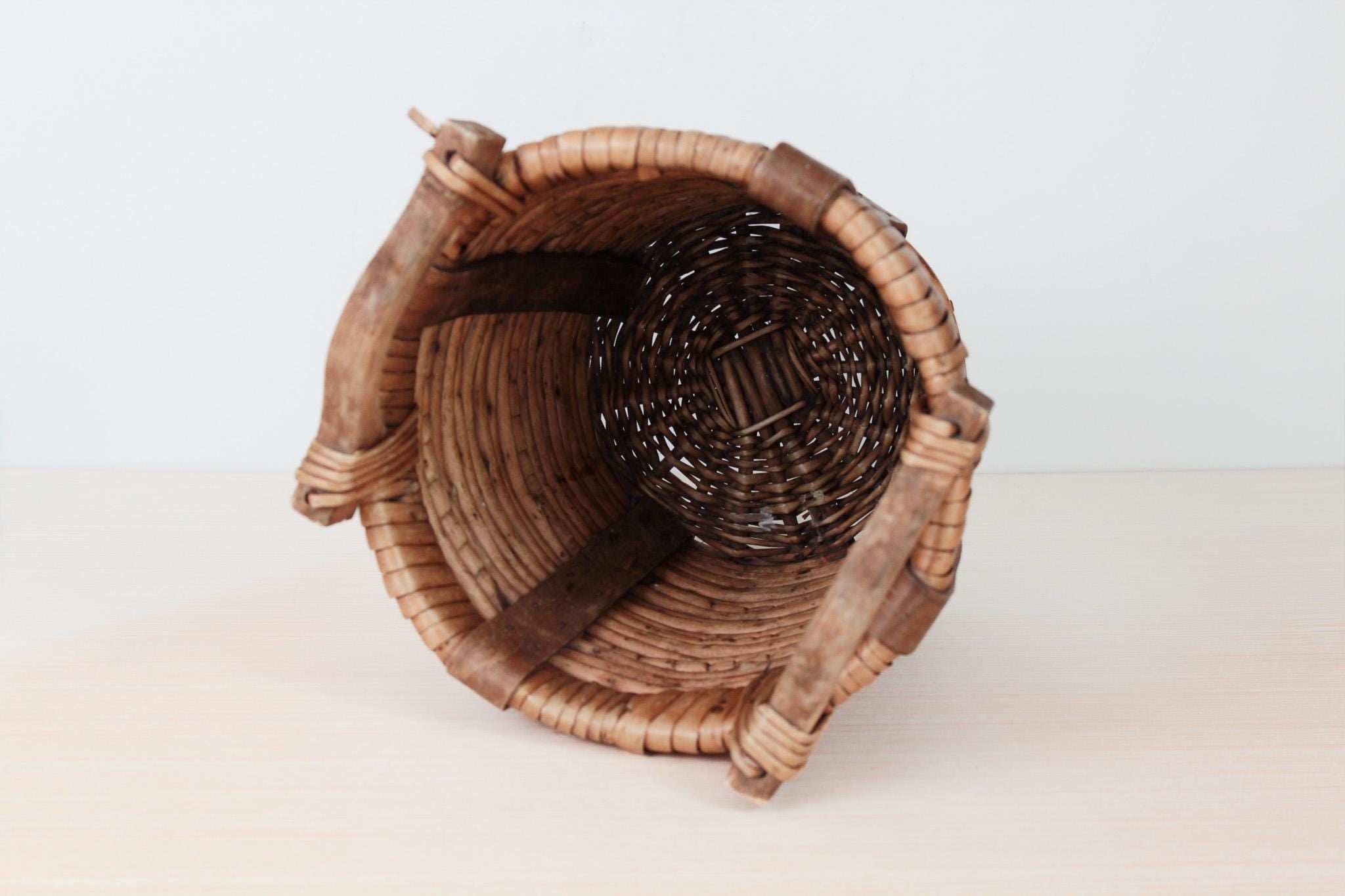 Vintage Woven Harvest Basket with Wooden Handles