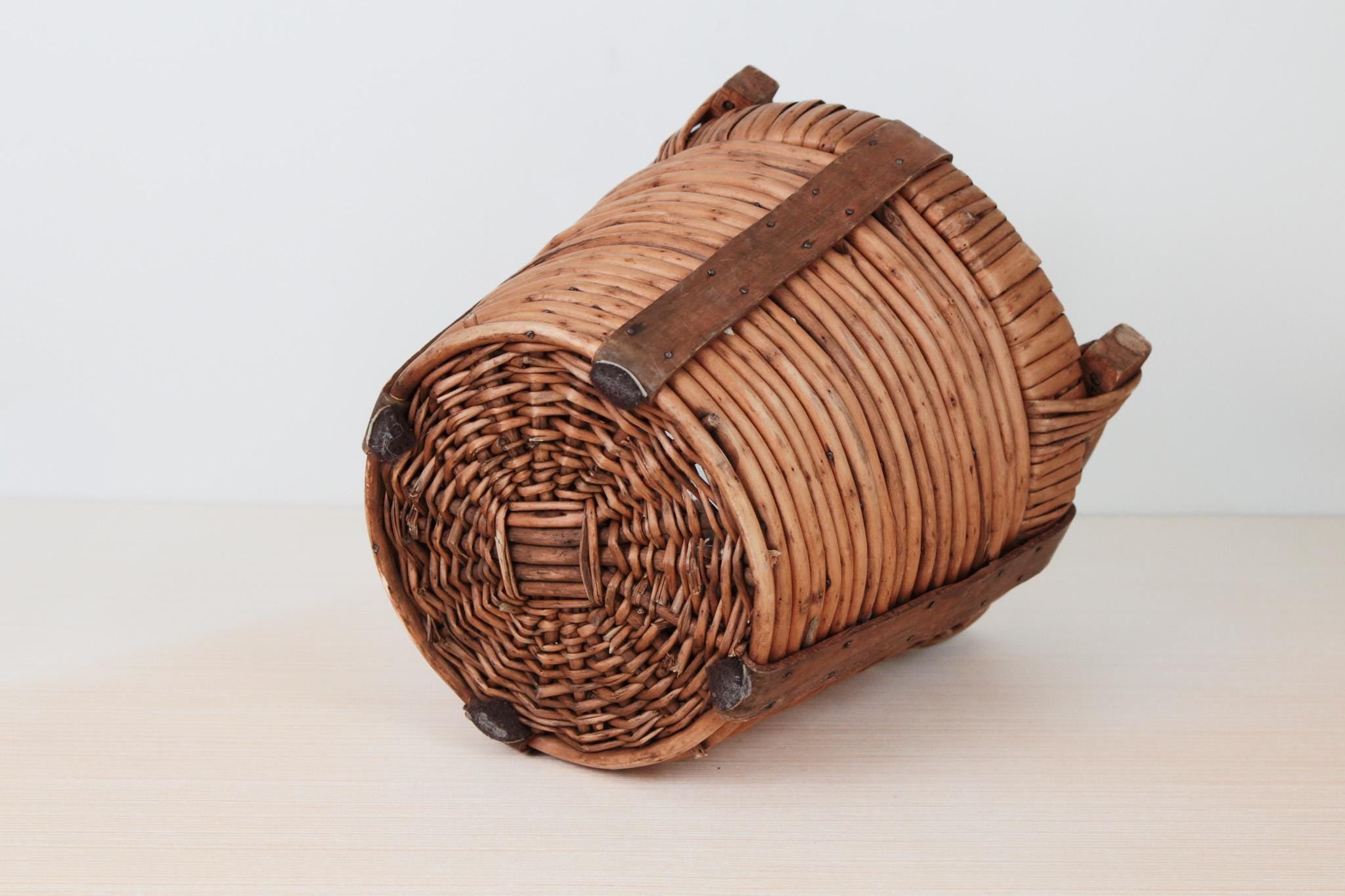 Vintage Woven Harvest Basket with Wooden Handles