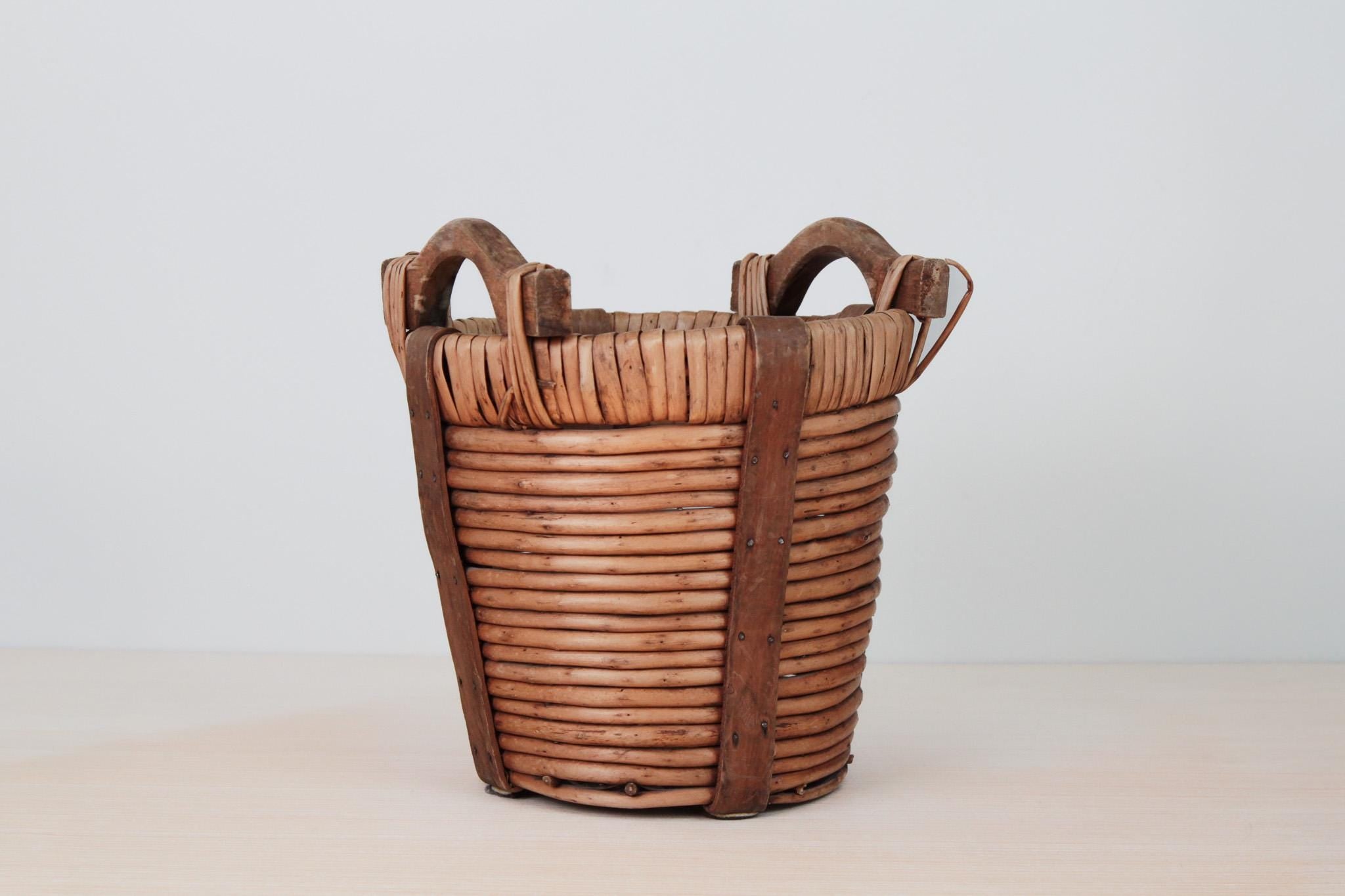 Vintage Woven Harvest Basket with Wooden Handles