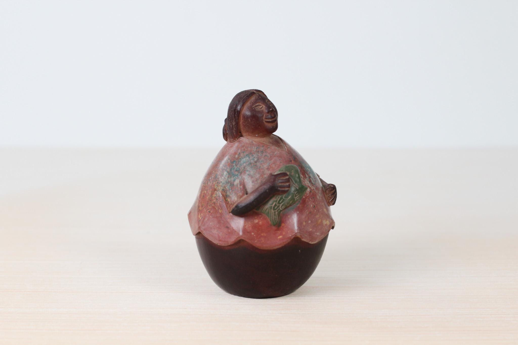 Vintage Chulucanas Pottery Figure by Manuel Adanaque, Peruvian Folk Art Woman with Fish
