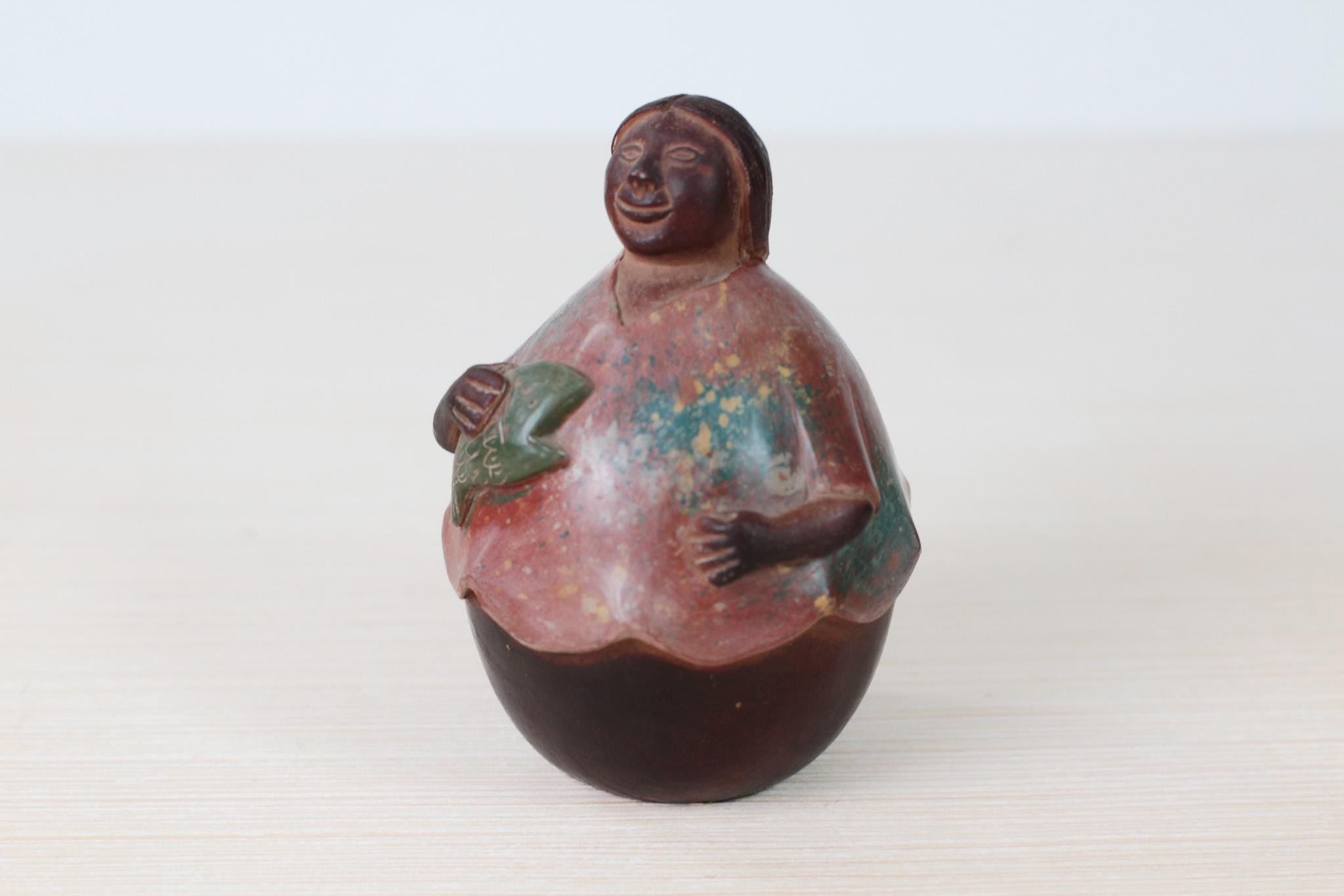 Vintage Chulucanas Pottery Figure by Manuel Adanaque, Peruvian Folk Art Woman with Fish