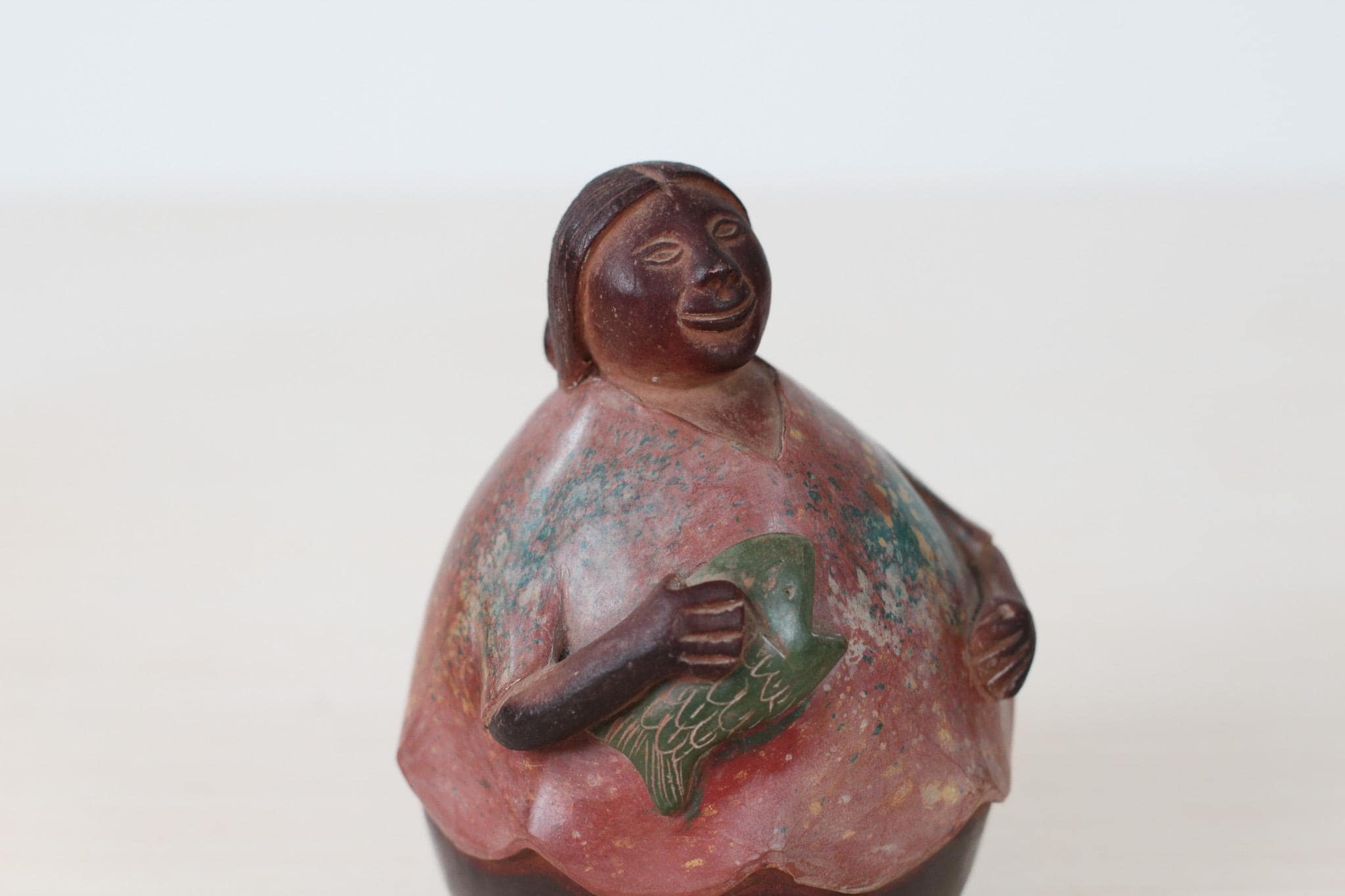Vintage Chulucanas Pottery Figure by Manuel Adanaque, Peruvian Folk Art Woman with Fish