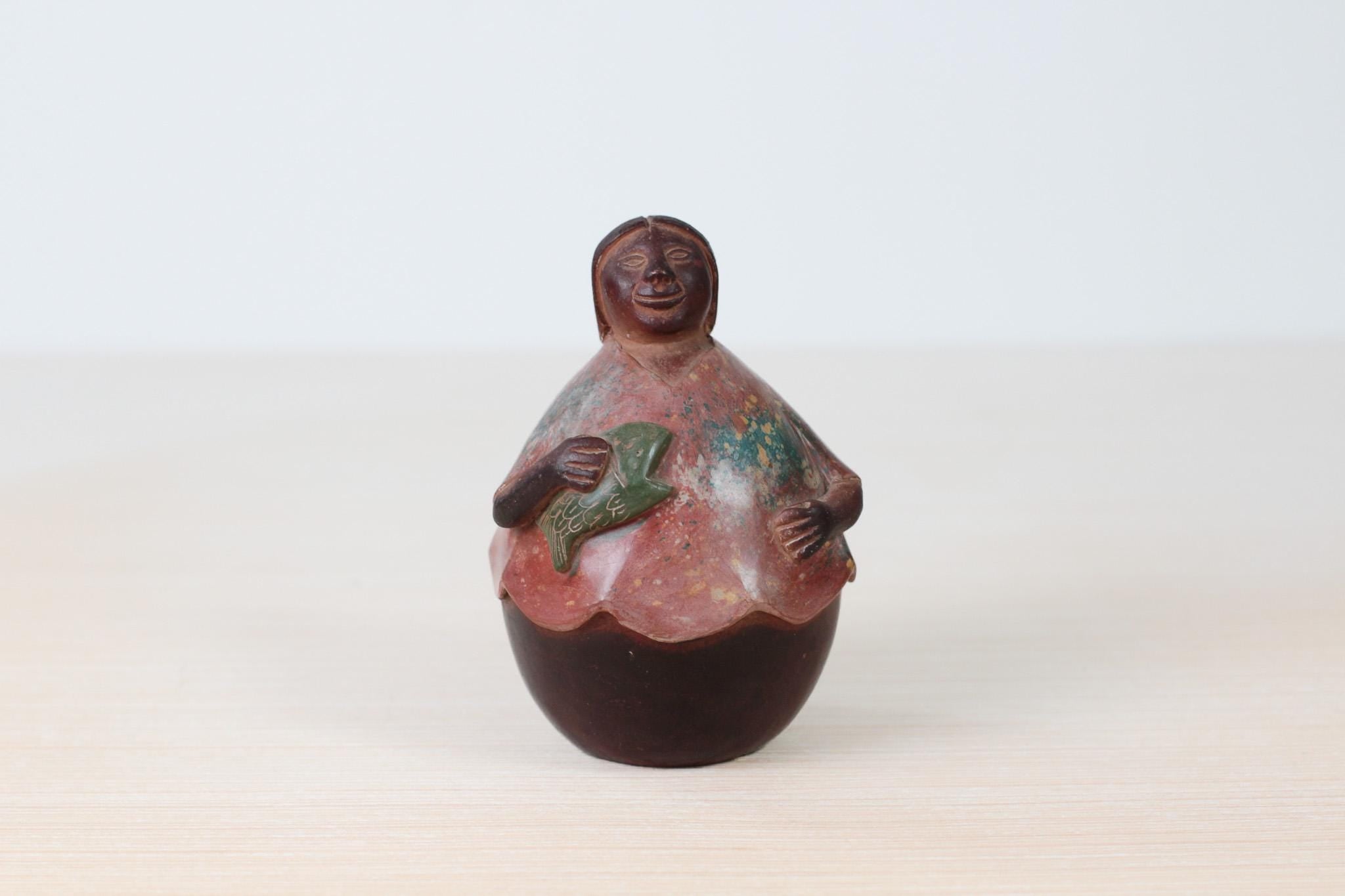 Vintage Chulucanas Pottery Figure by Manuel Adanaque, Peruvian Folk Art Woman with Fish