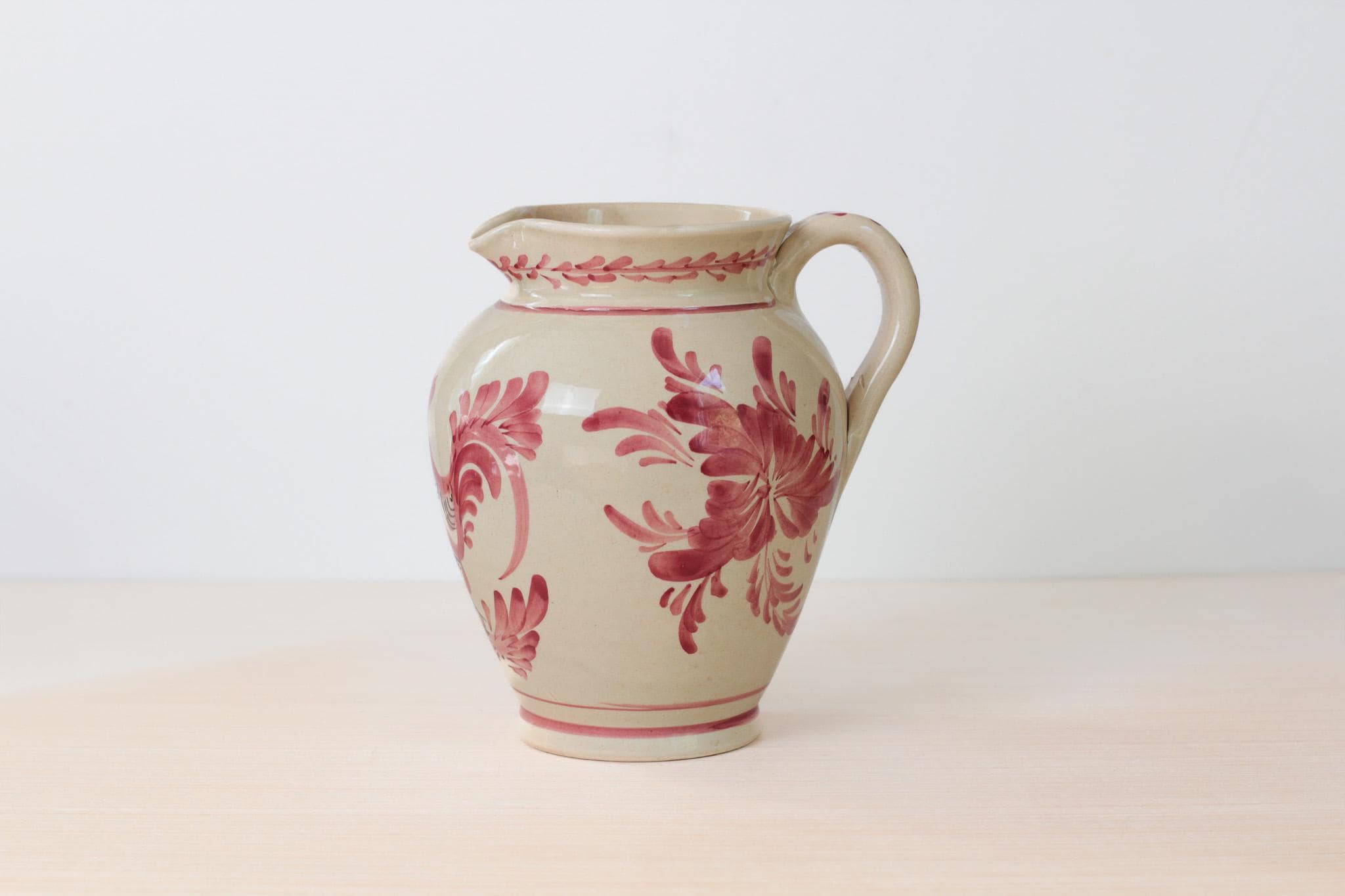 Vintage Hand Painted Greek Pottery Pitcher, Red Floral and Rooster Motif