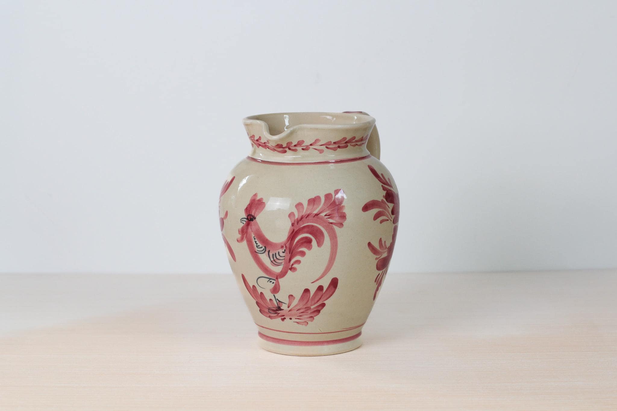 Vintage Hand Painted Greek Pottery Pitcher, Red Floral and Rooster Motif