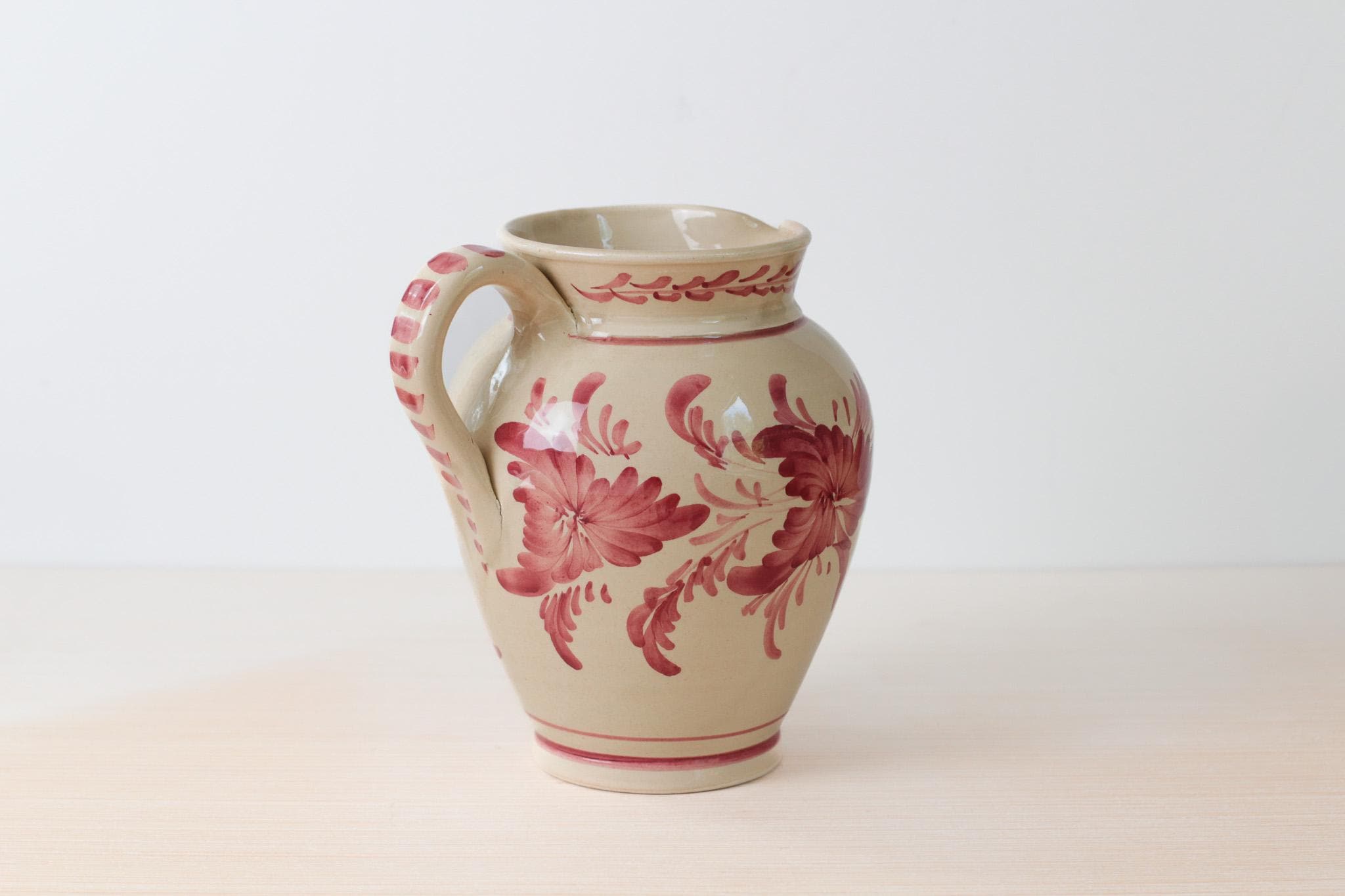 Vintage Hand Painted Greek Pottery Pitcher, Red Floral and Rooster Motif