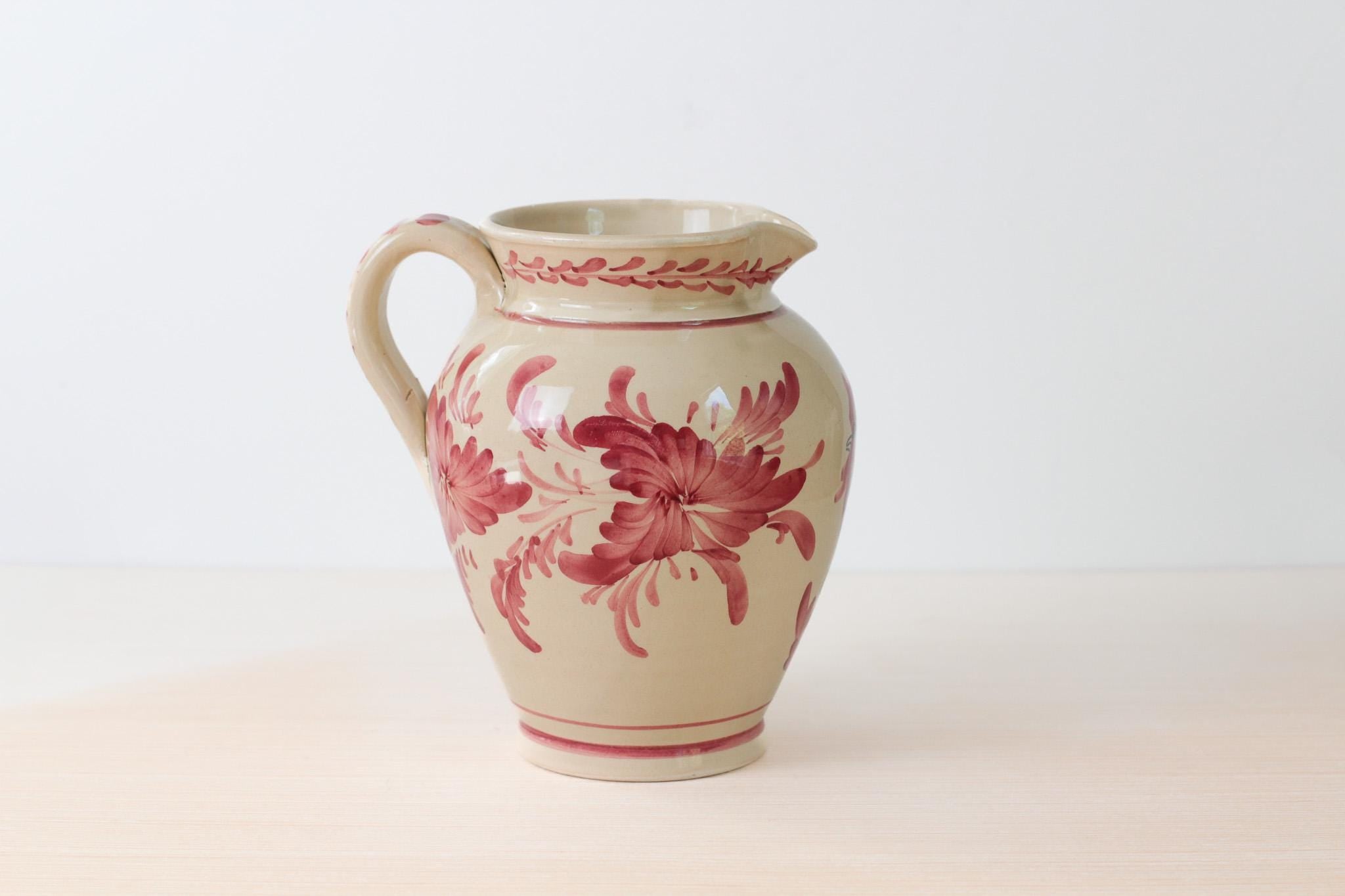 Vintage Hand Painted Greek Pottery Pitcher, Red Floral and Rooster Motif