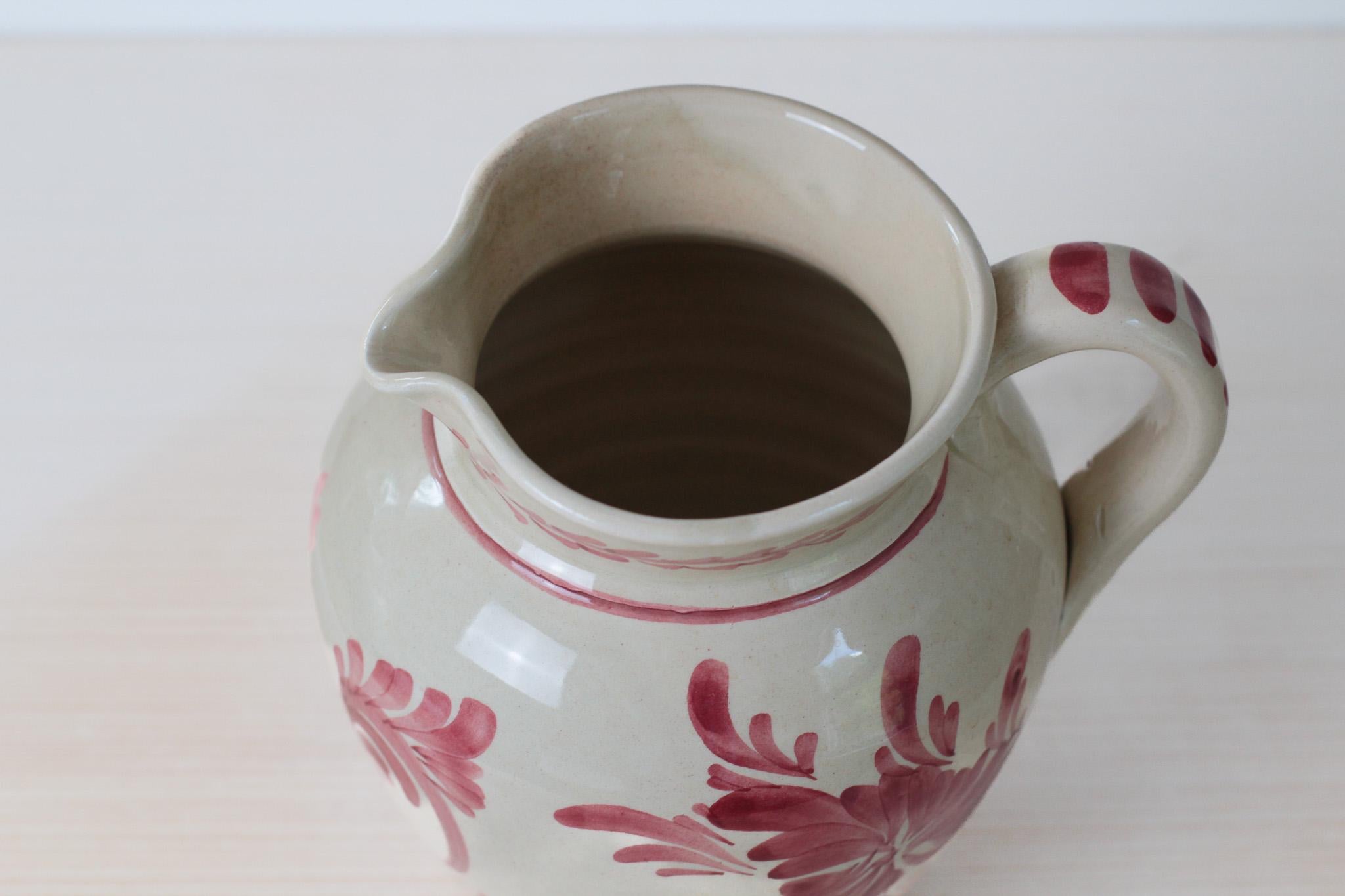 Vintage Hand Painted Greek Pottery Pitcher, Red Floral and Rooster Motif