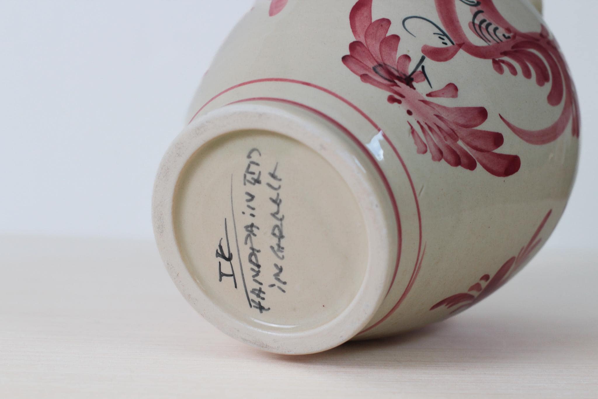 Vintage Hand Painted Greek Pottery Pitcher, Red Floral and Rooster Motif
