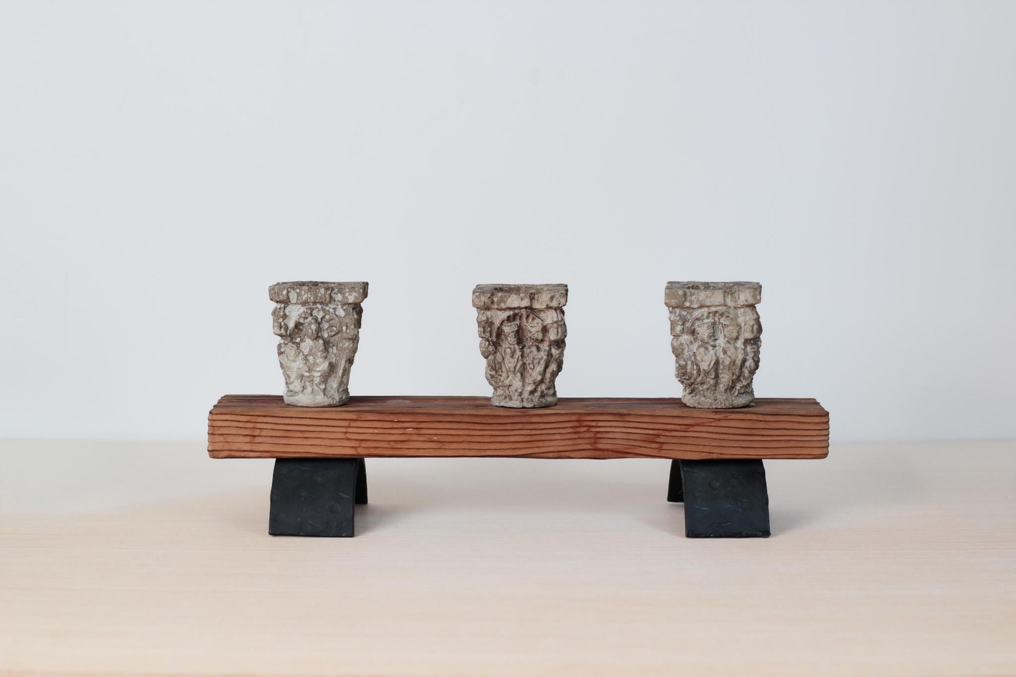 Vintage Rustic Candle Holder with Architectural Capitals, Medieval-Revival Decor