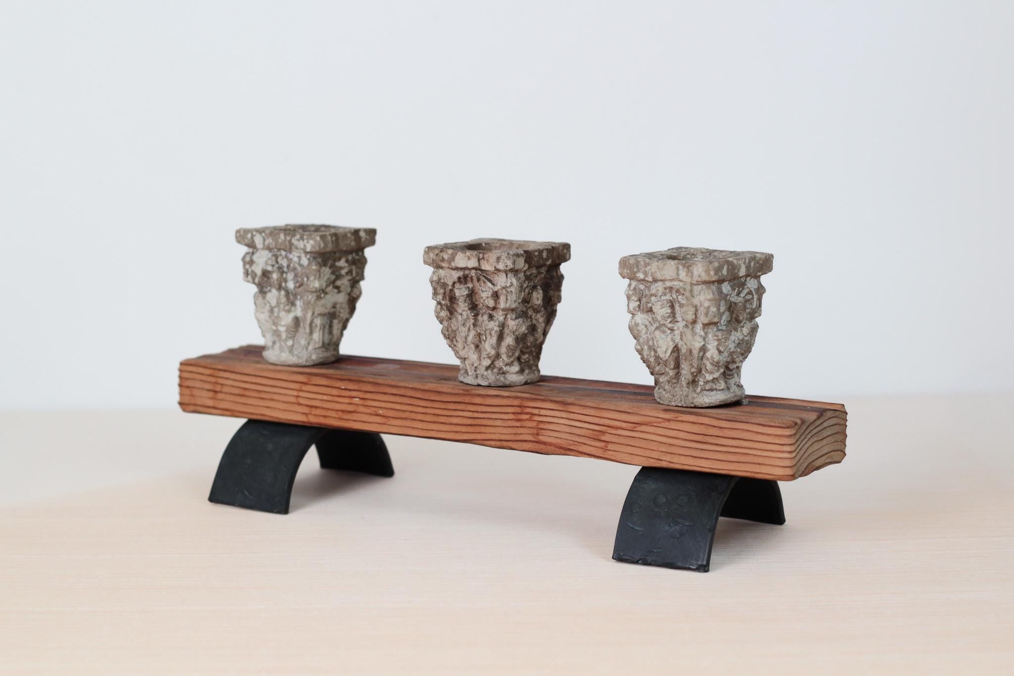 Vintage Rustic Candle Holder with Architectural Capitals, Medieval-Revival Decor