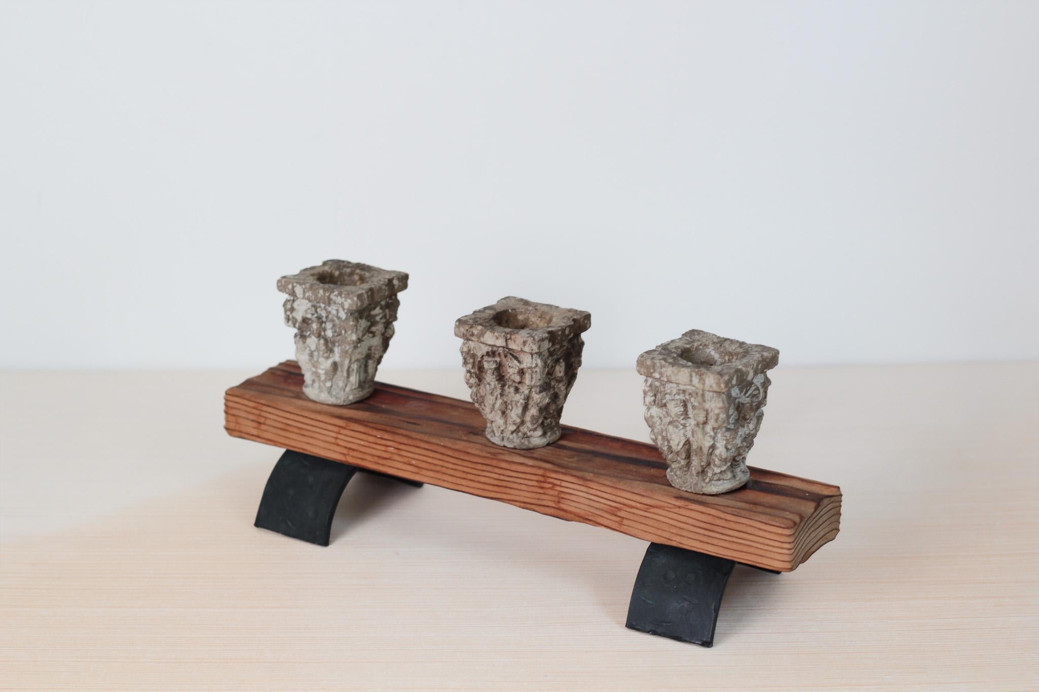 Vintage Rustic Candle Holder with Architectural Capitals, Medieval-Revival Decor