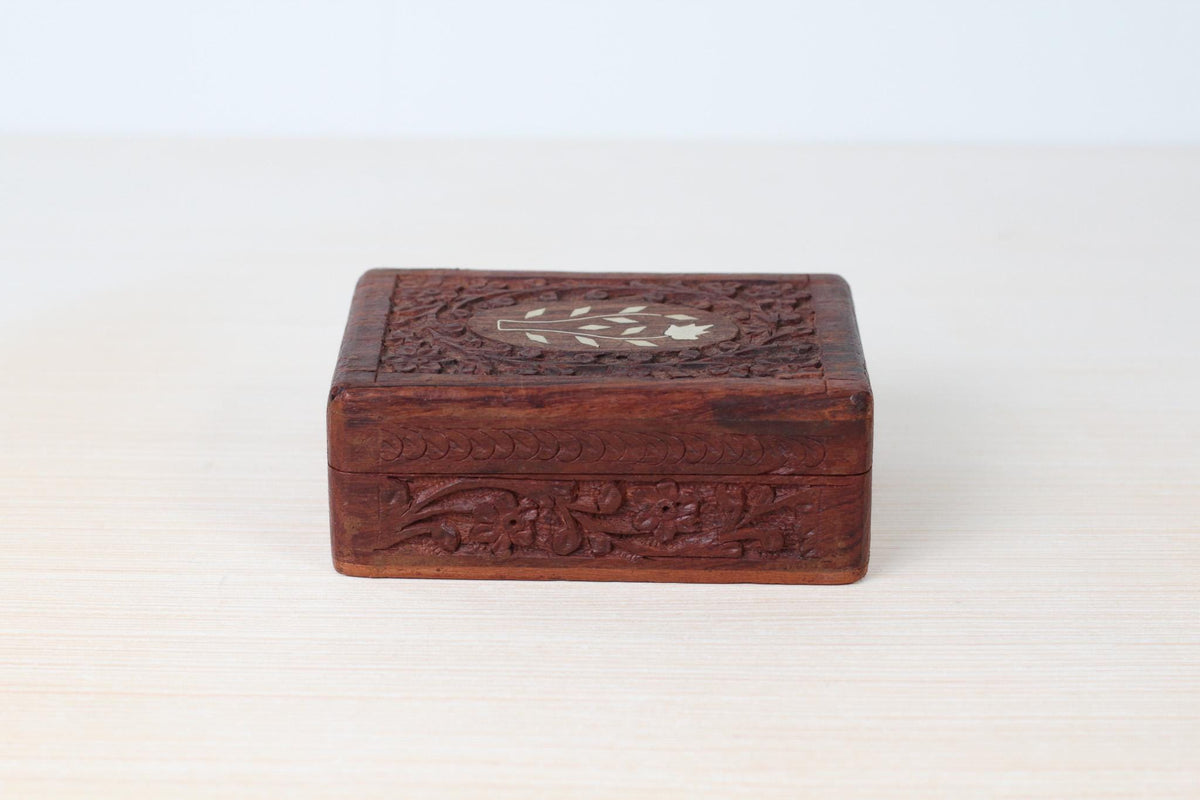 Vintage Carved Rosewood Trinket Box with Floral Inlay